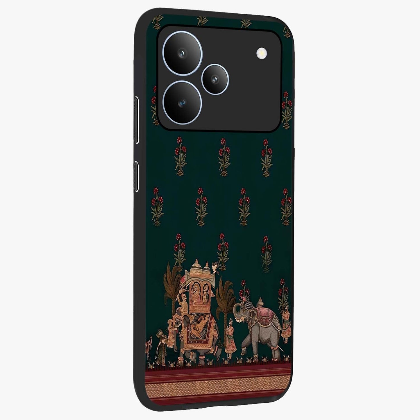 Macmerise Glass Case upright view showcasing bold artistic artwork with contemporary design theme.