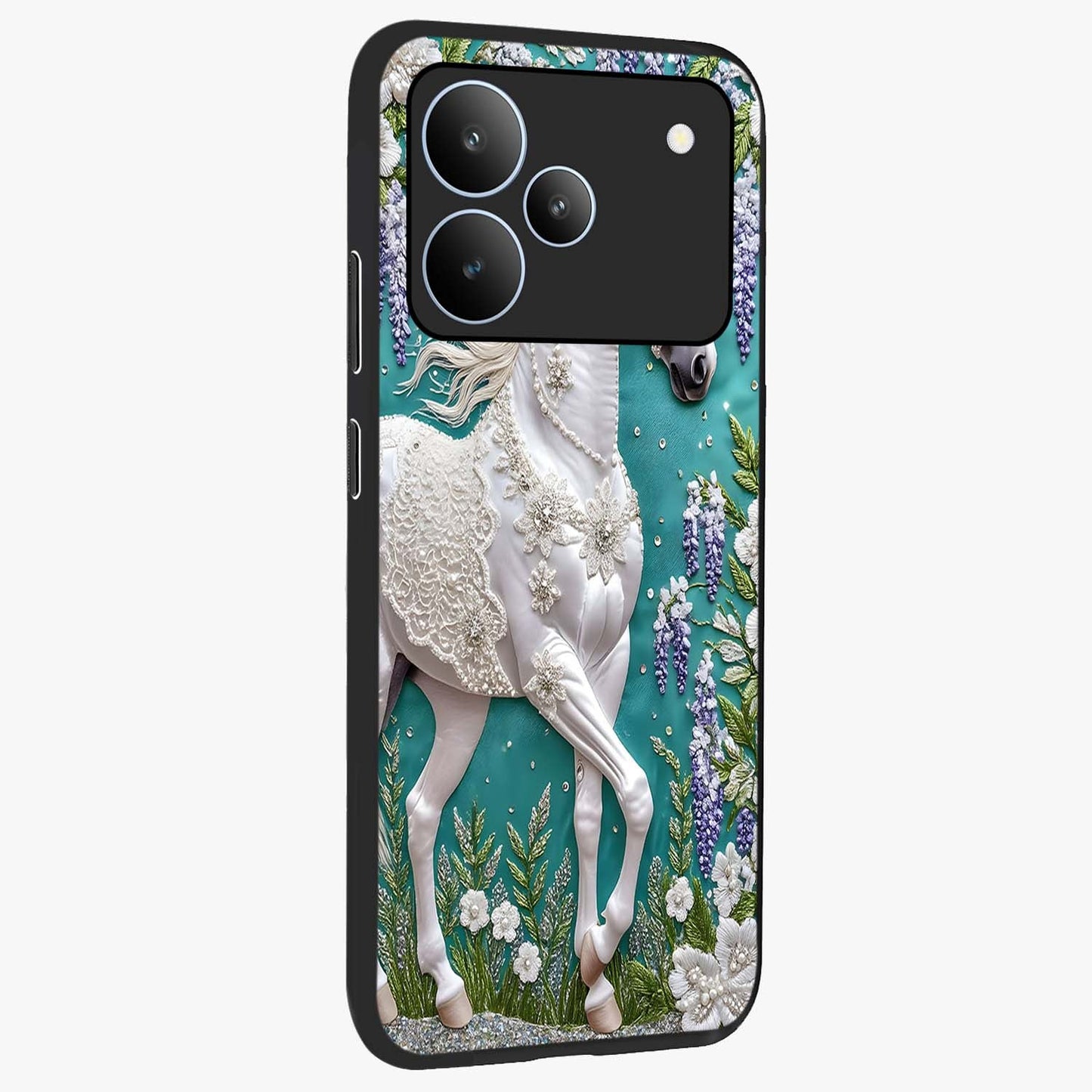 Majestic Floral Stallion Glass Case upright view showcasing dramatic horse artwork with decorative floral theme.