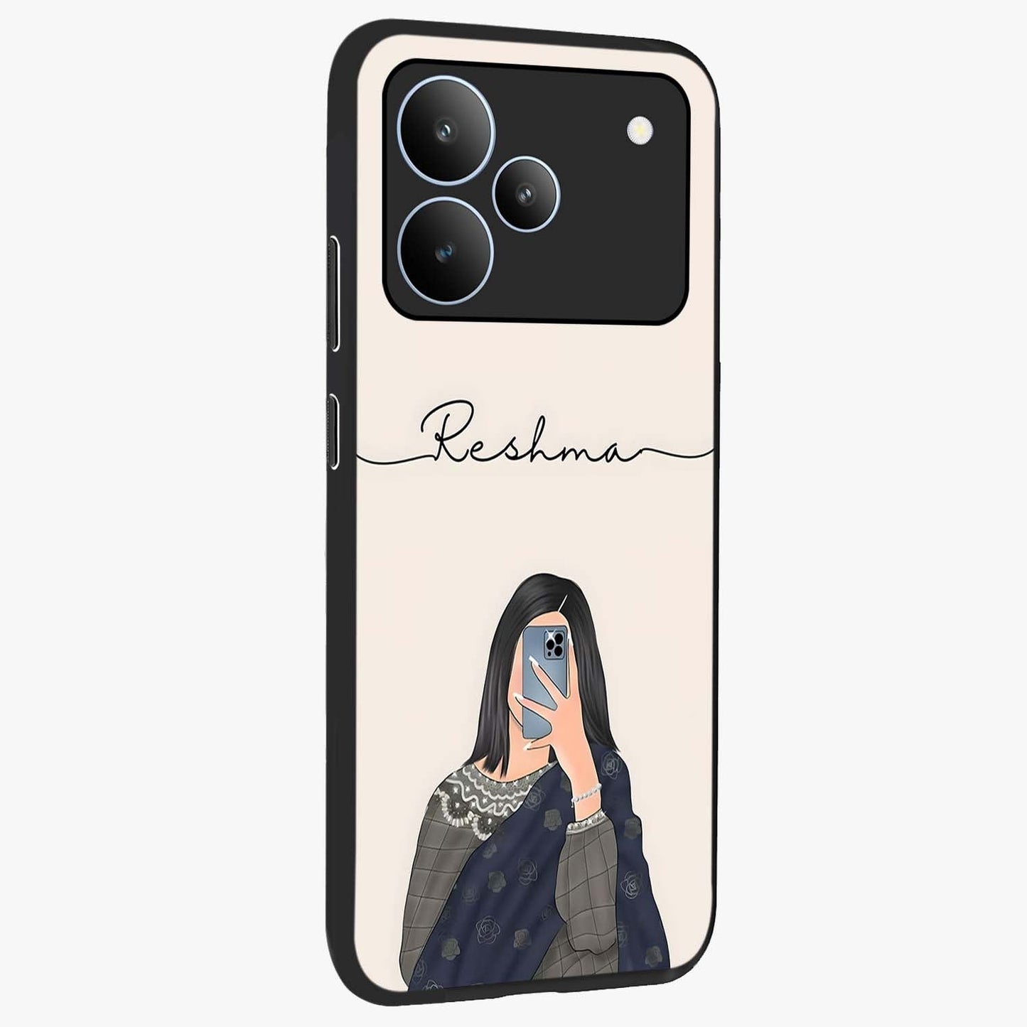 Mirror Mood Muse With Custom Name Glass Case upright view showcasing artistic mirror themed artwork with personalized aesthetic.