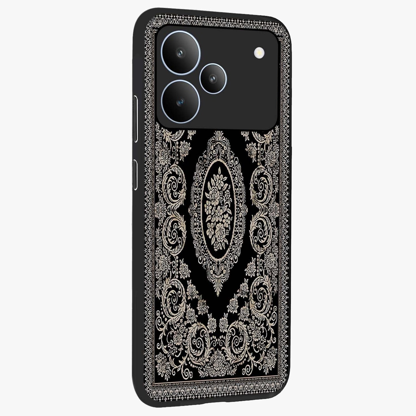 Noir Bloom Elegance Glass Case upright view showcasing graceful floral artwork with luxurious dark theme.