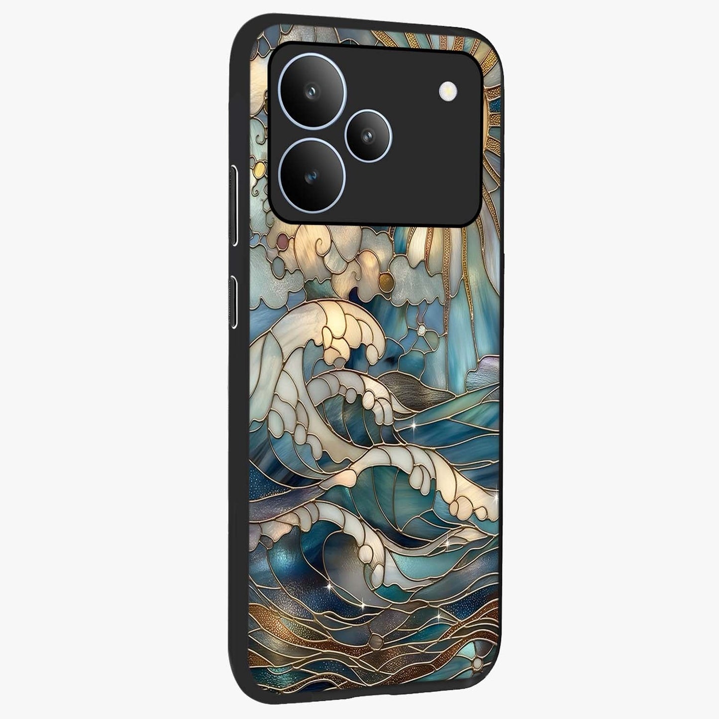Oceanic Stained Printed Glass Case upright view showcasing decorative ocean pattern artwork with vibrant marine theme.