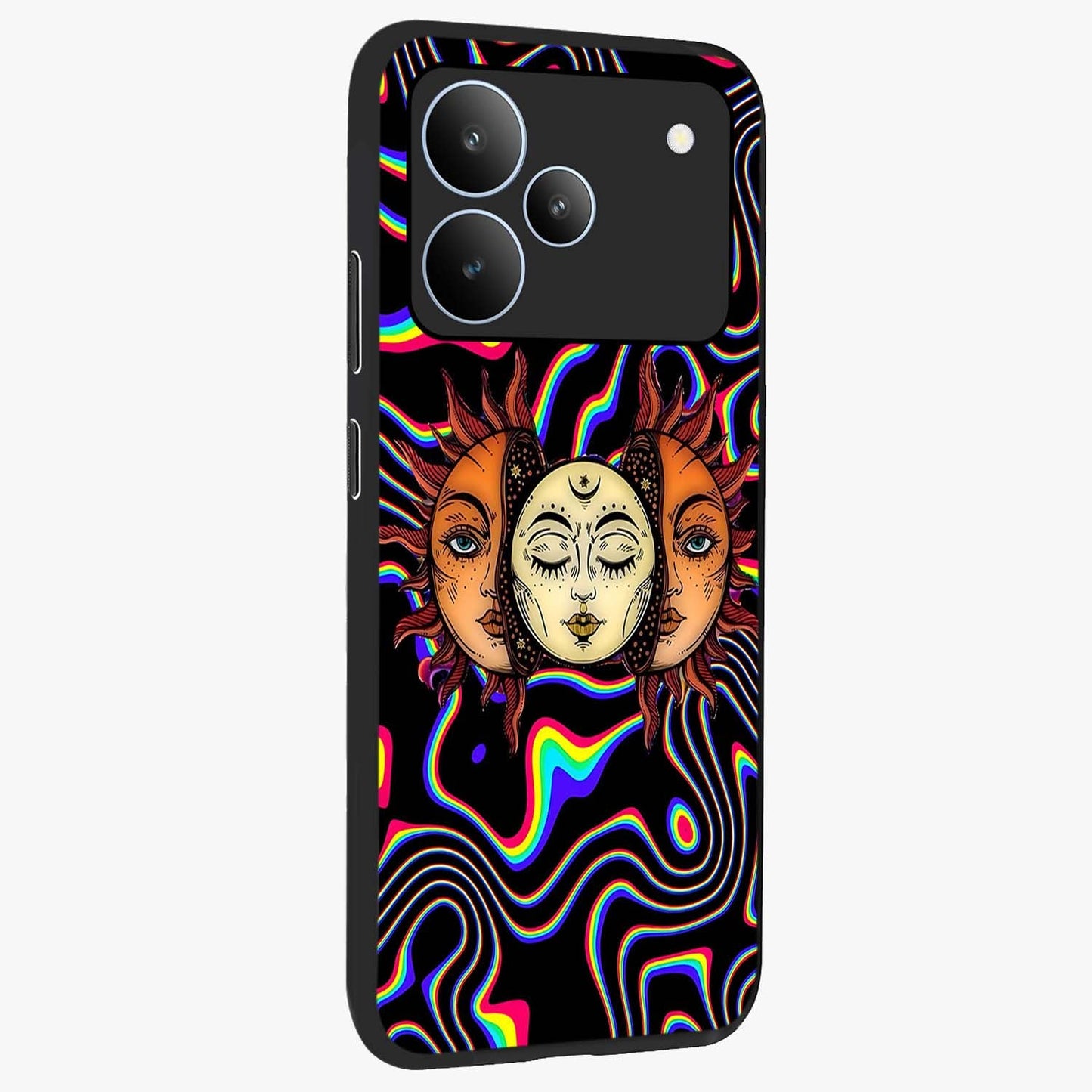 Psychedelic Sun Glass Case upright view showcasing trippy sun artwork with bold psychedelic theme.