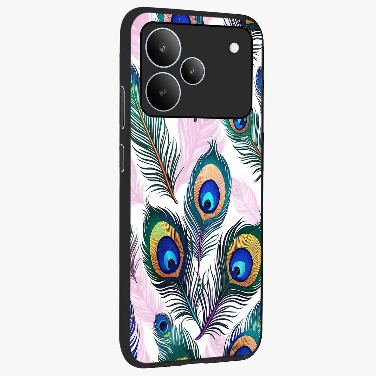 Royal Peacock Feathers Glass Case upright view showcasing elegant peacock feather artwork with decorative royal theme.