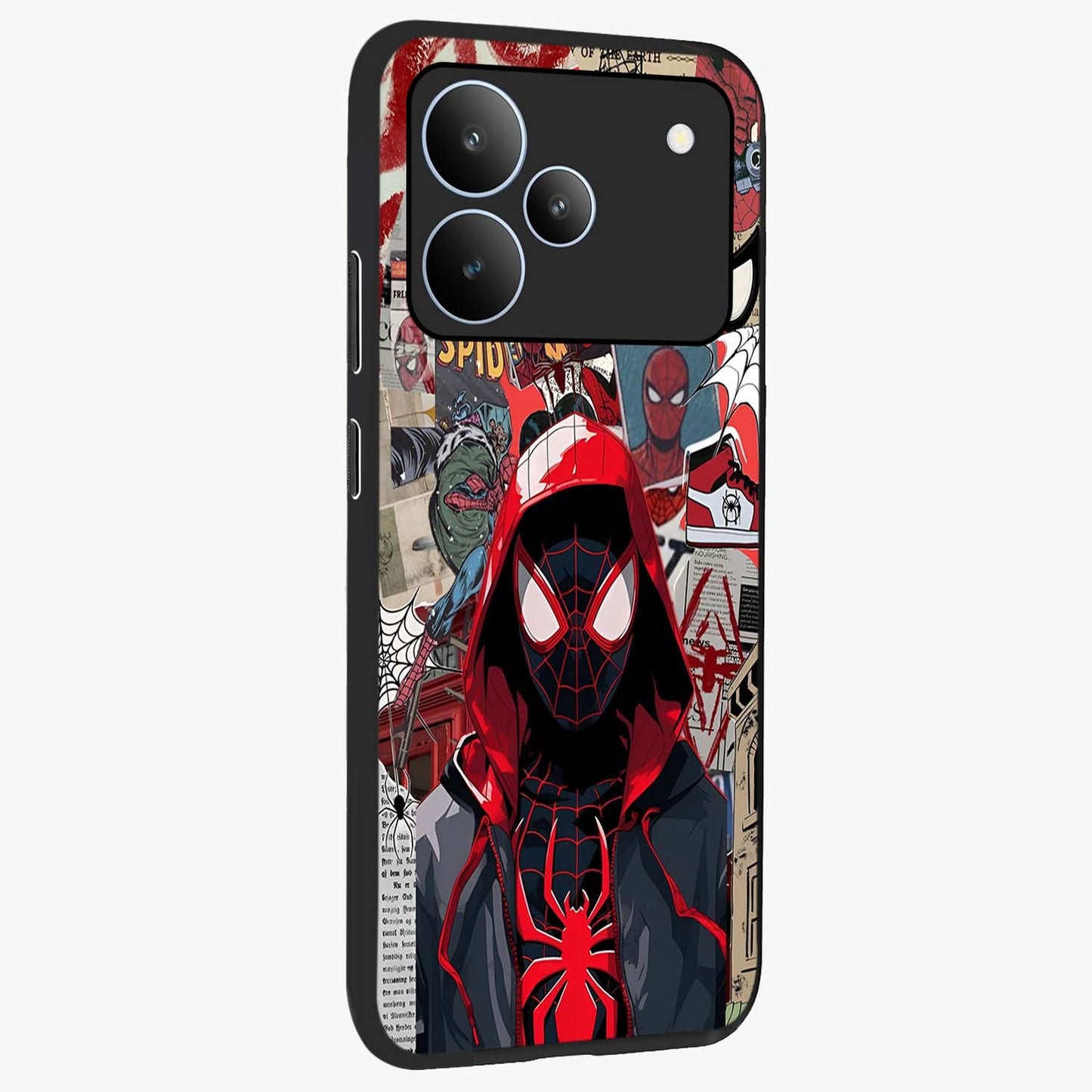Spider Collage Street Glass Case upright view showcasing bold superhero artwork with urban street theme.