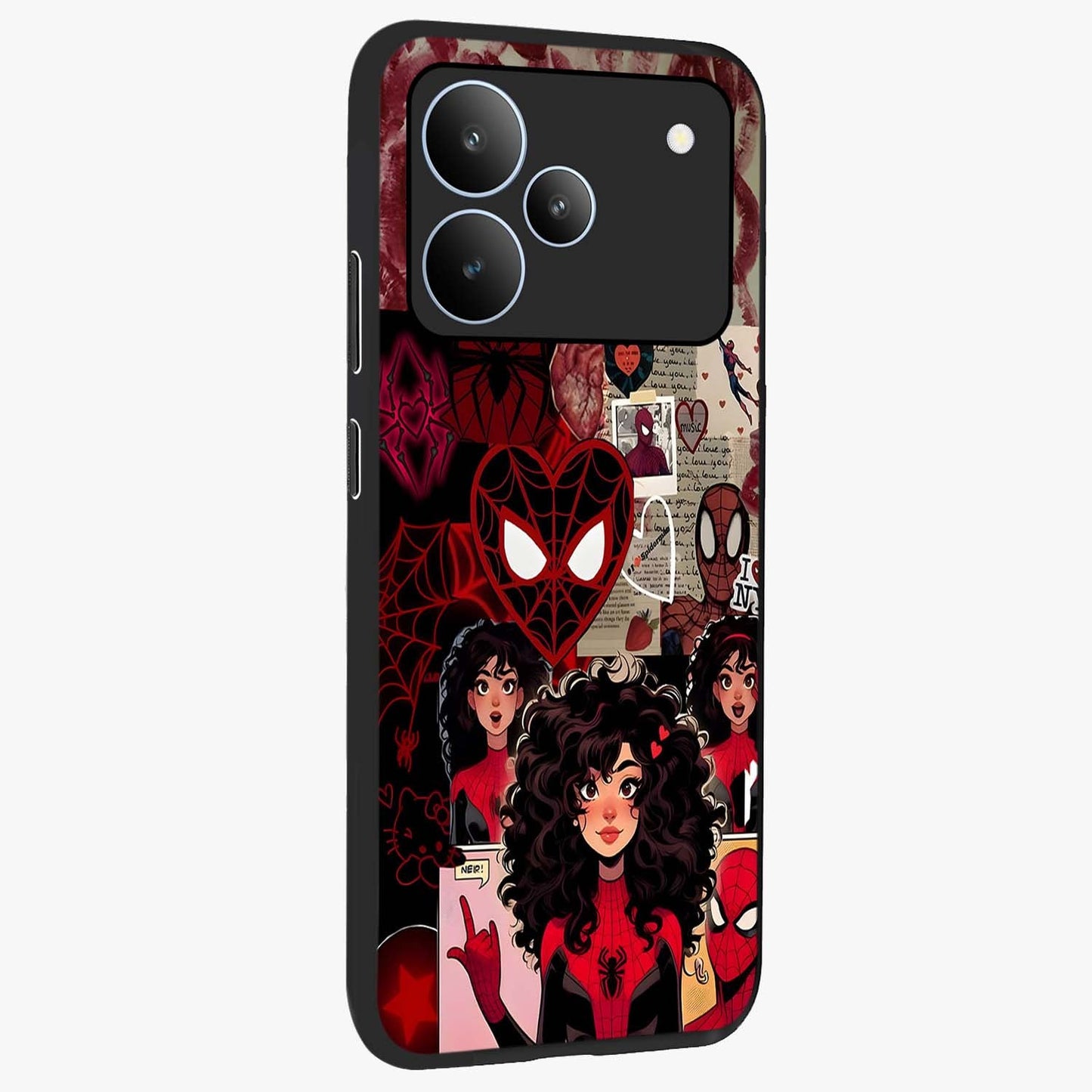 Spider Love Story Glass Case upright view showcasing charming superhero artwork with romantic comic theme.