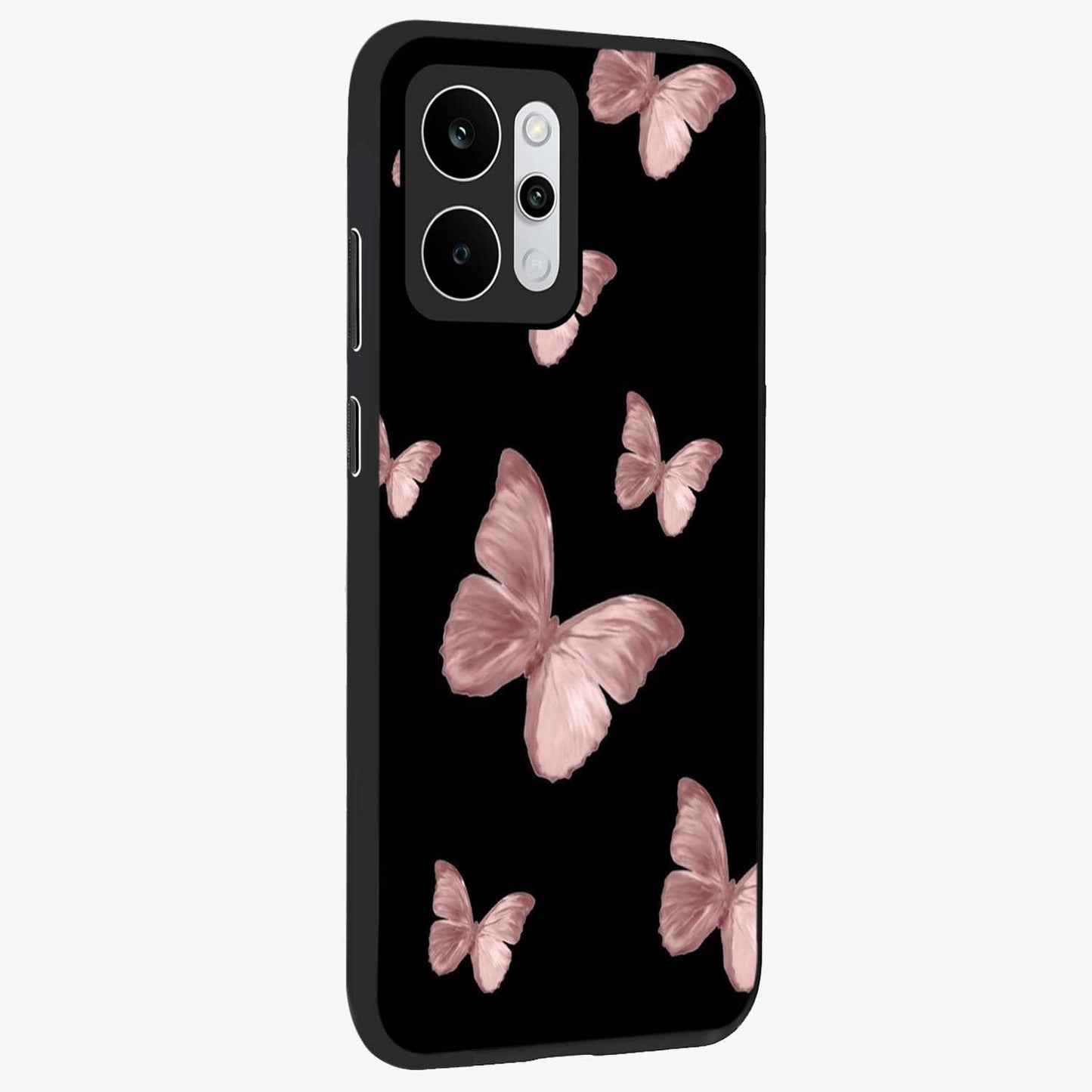 Butterfly Pattern Glass Case upright view showcasing graceful butterfly artwork with soft decorative theme.