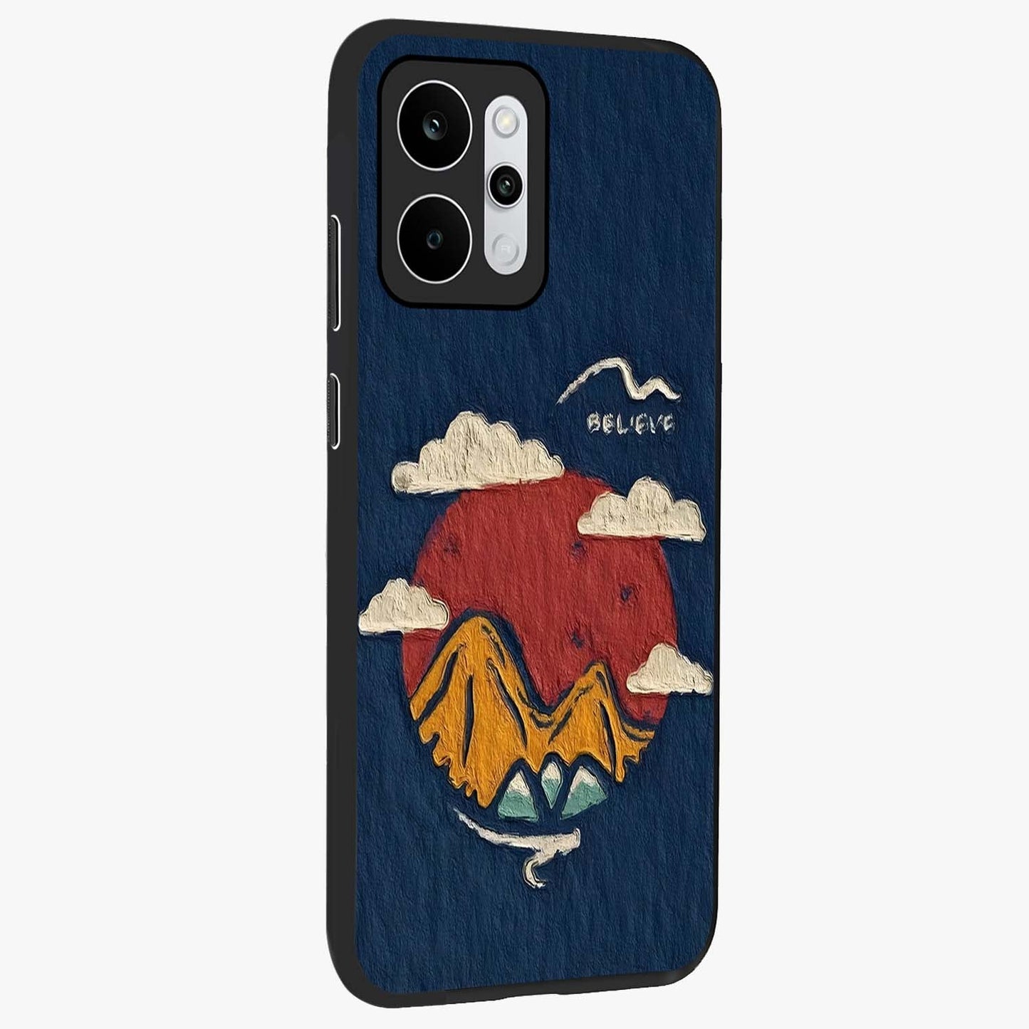 Dream Beyond Mountains Glass Case upright view showcasing beautiful mountain scenery with inspirational nature theme.