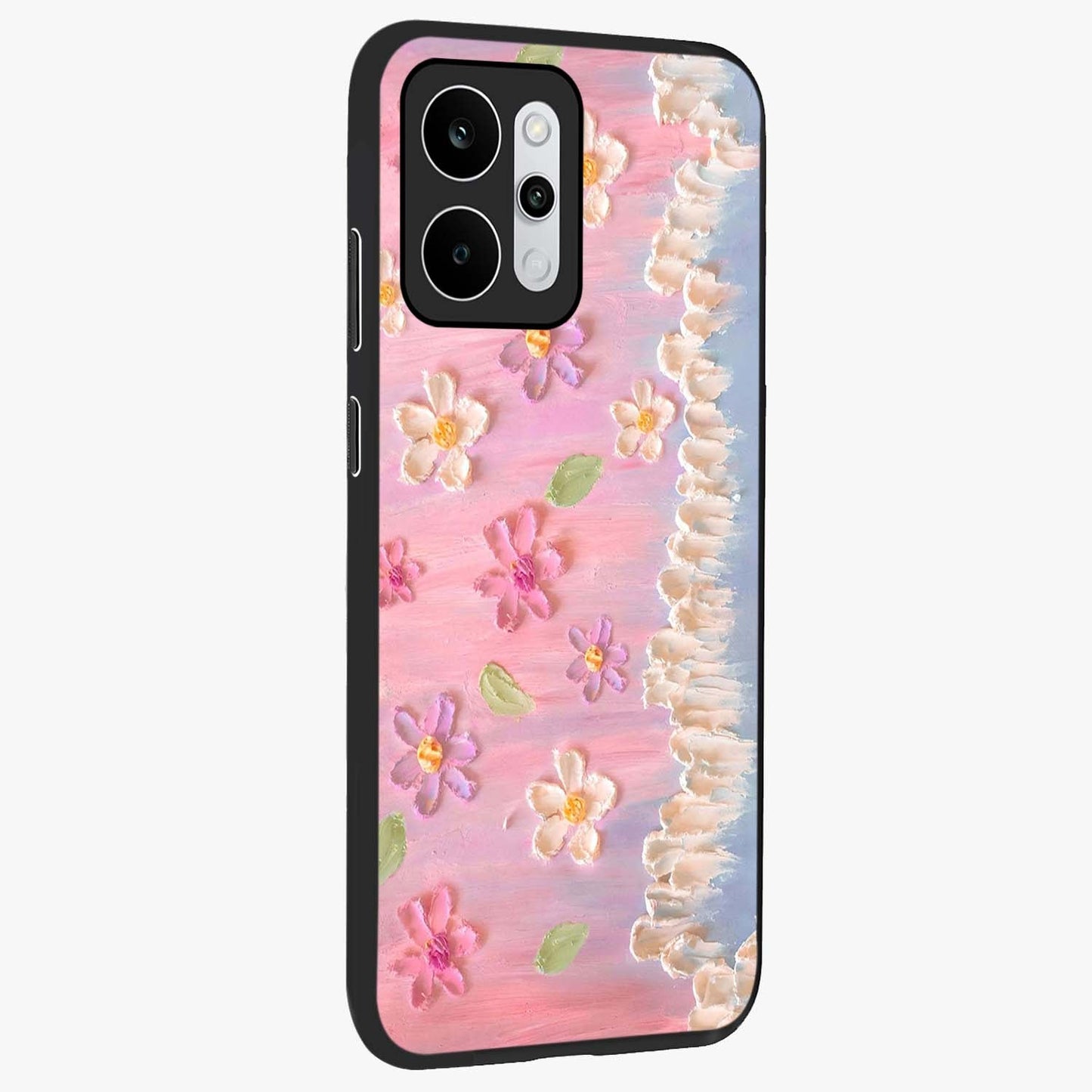 Dreamy Painted Garden Glass Case upright view showcasing vibrant floral garden artwork with artistic nature theme.