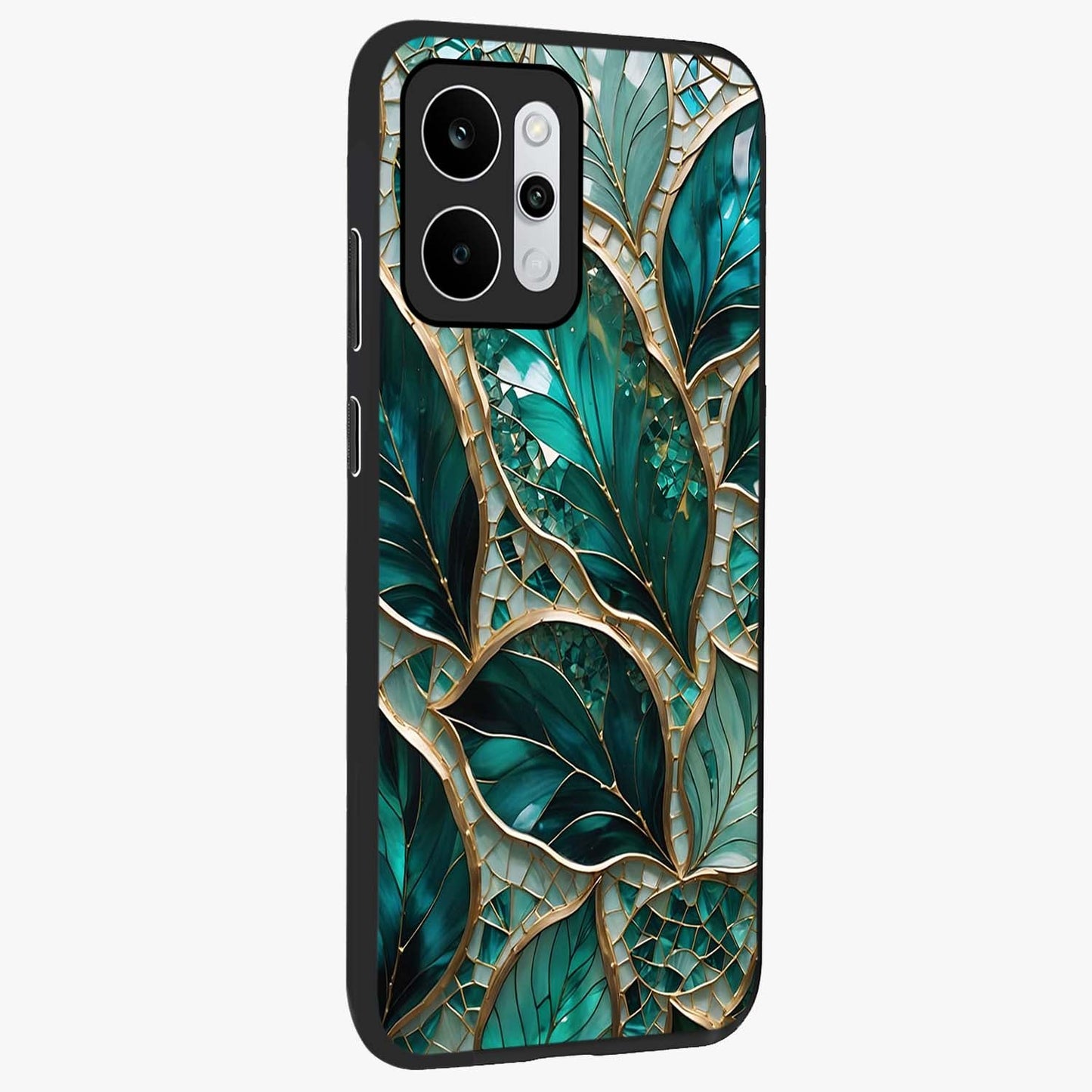 Emerald Leaf Glass Glass Case upright view showcasing fresh green leaf artwork with calming nature inspired style.