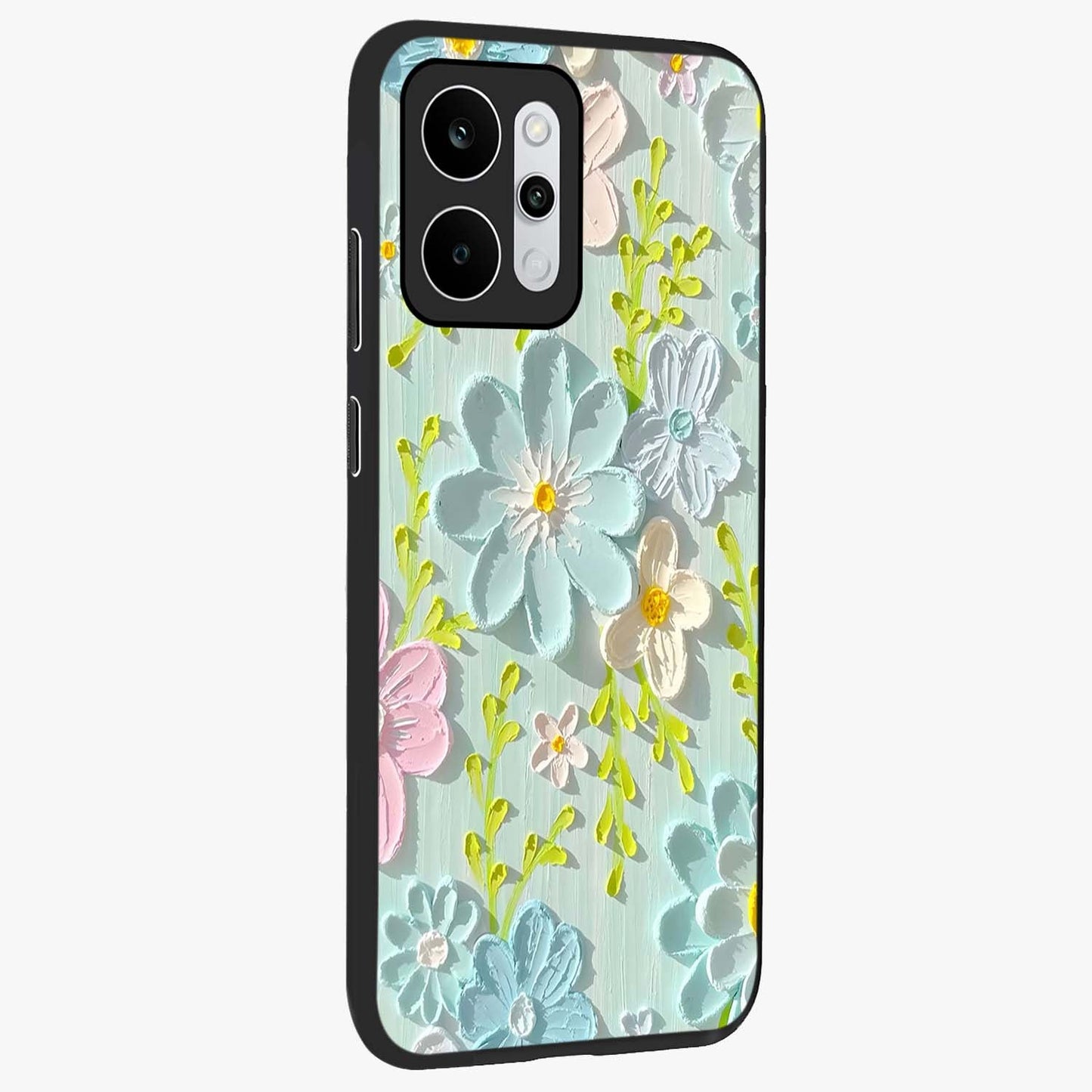 Frosted Petal Garden Glass Case upright view showcasing elegant floral garden artwork with soothing pastel theme.