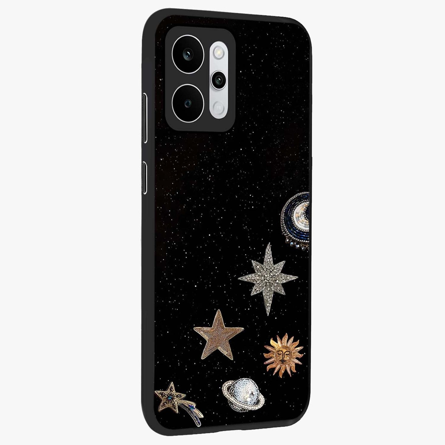 Galactic Charm Glow Glass Case upright view showcasing glowing cosmic charm artwork with magical celestial style.