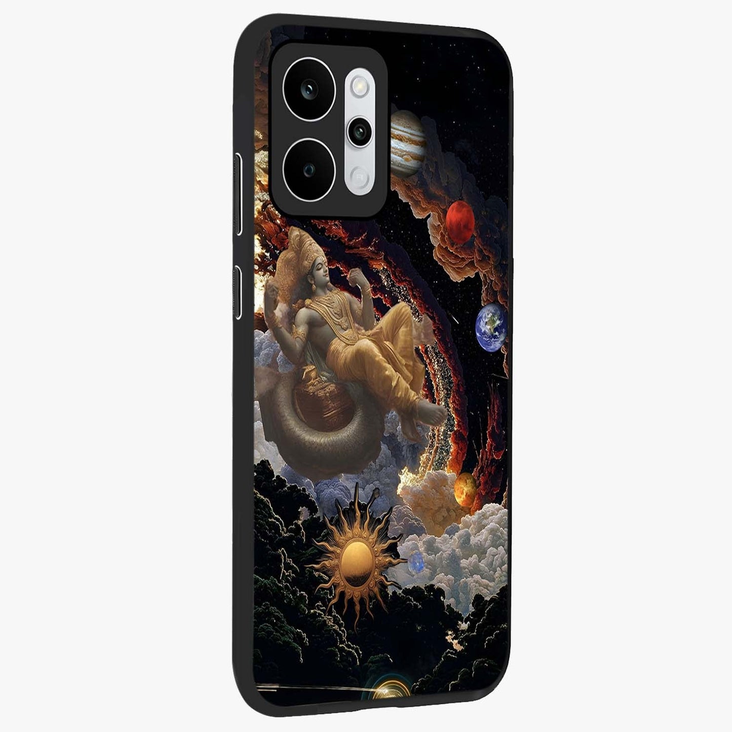 Galactic Divine God Glass Case upright view showcasing mystical divine artwork with dramatic cosmic theme.