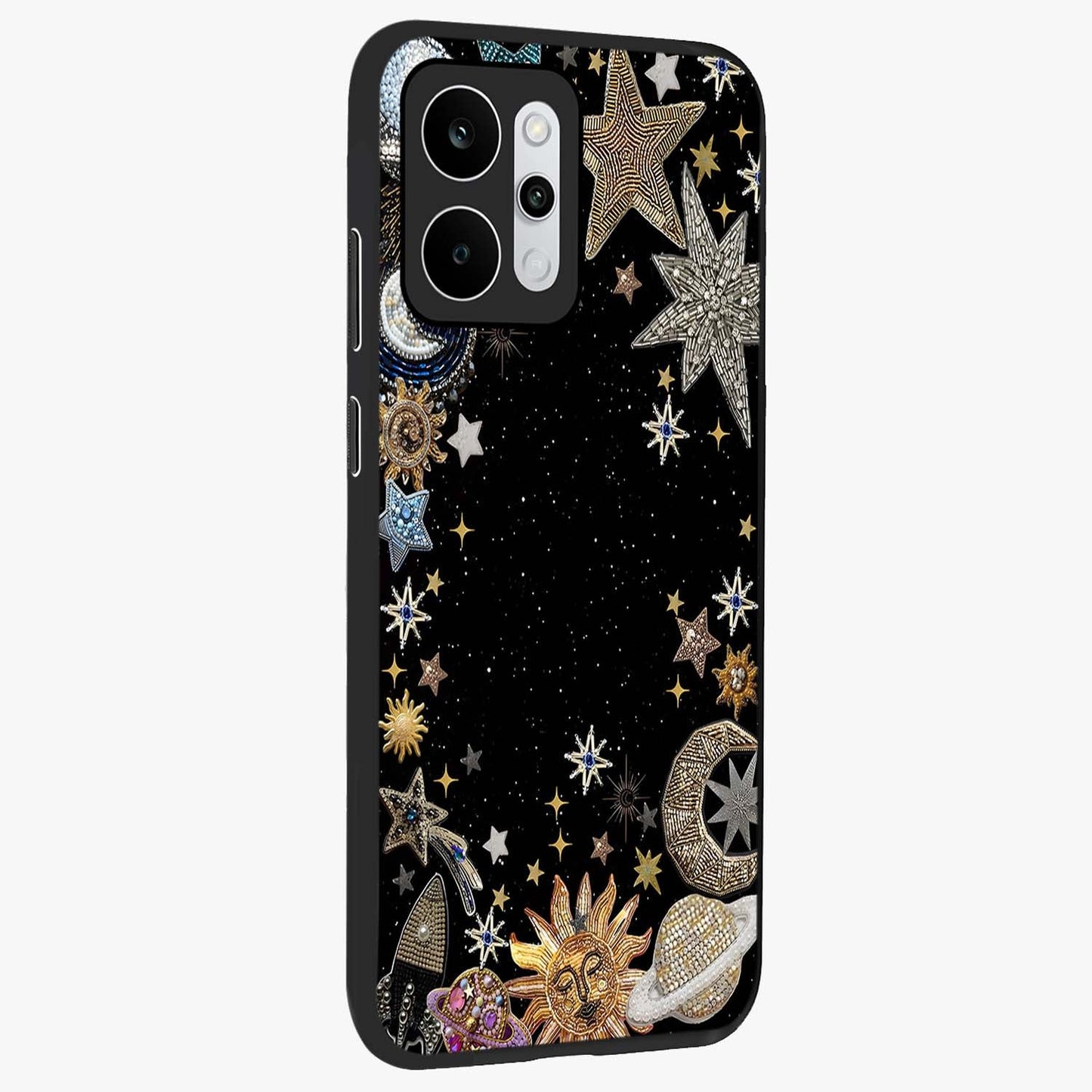 Galactic Jewel Stars Glass Case upright view showcasing glittering star jewel artwork with vibrant galaxy theme.
