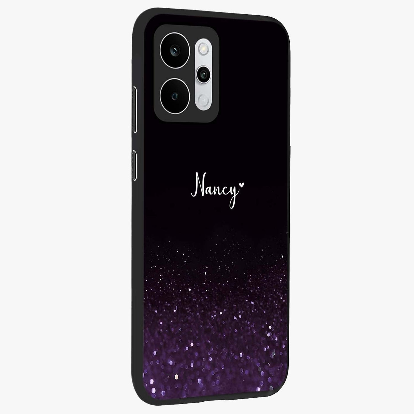 Glittery Purple Bokeh Custom Name Glass Case upright view showcasing vibrant purple sparkle artwork with personalized aesthetic style.