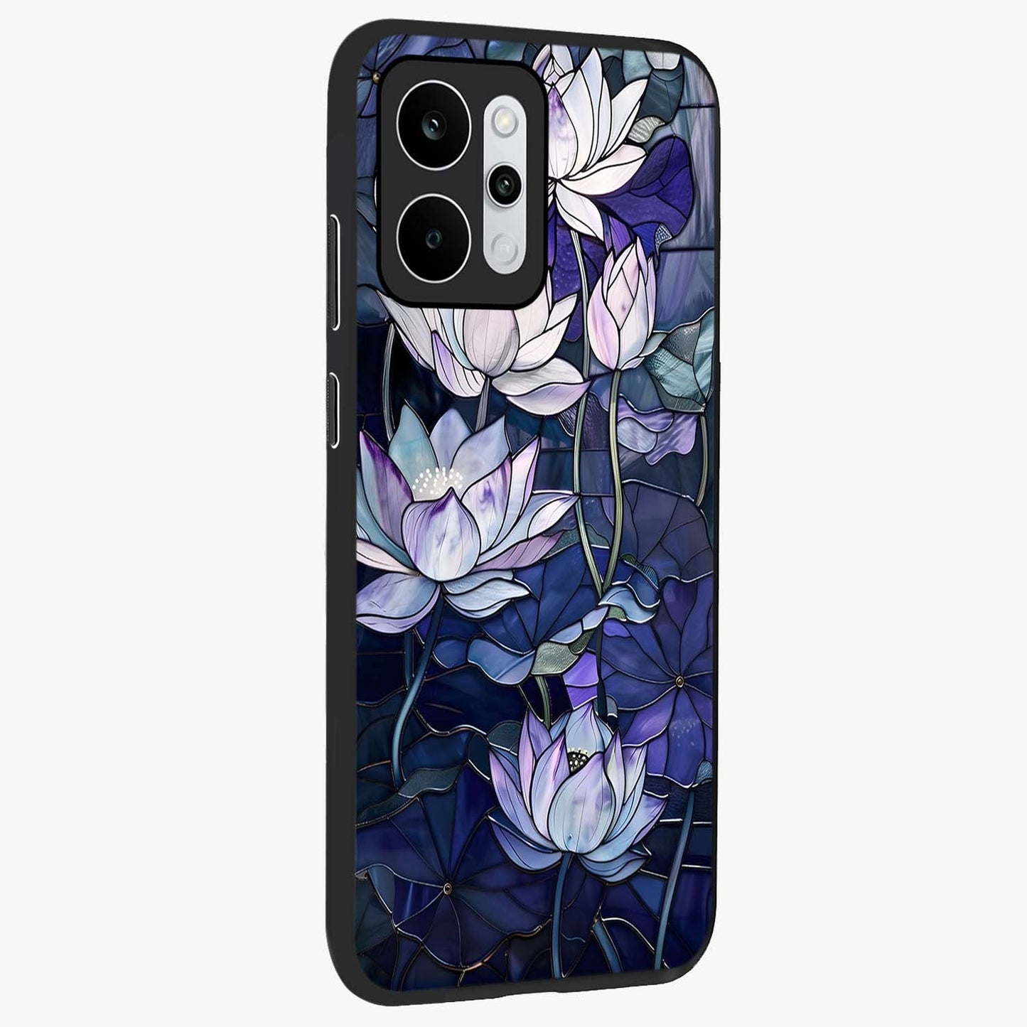 Gloss Petal Rush Glass Case upright view showcasing dynamic floral petal artwork with modern botanical theme.