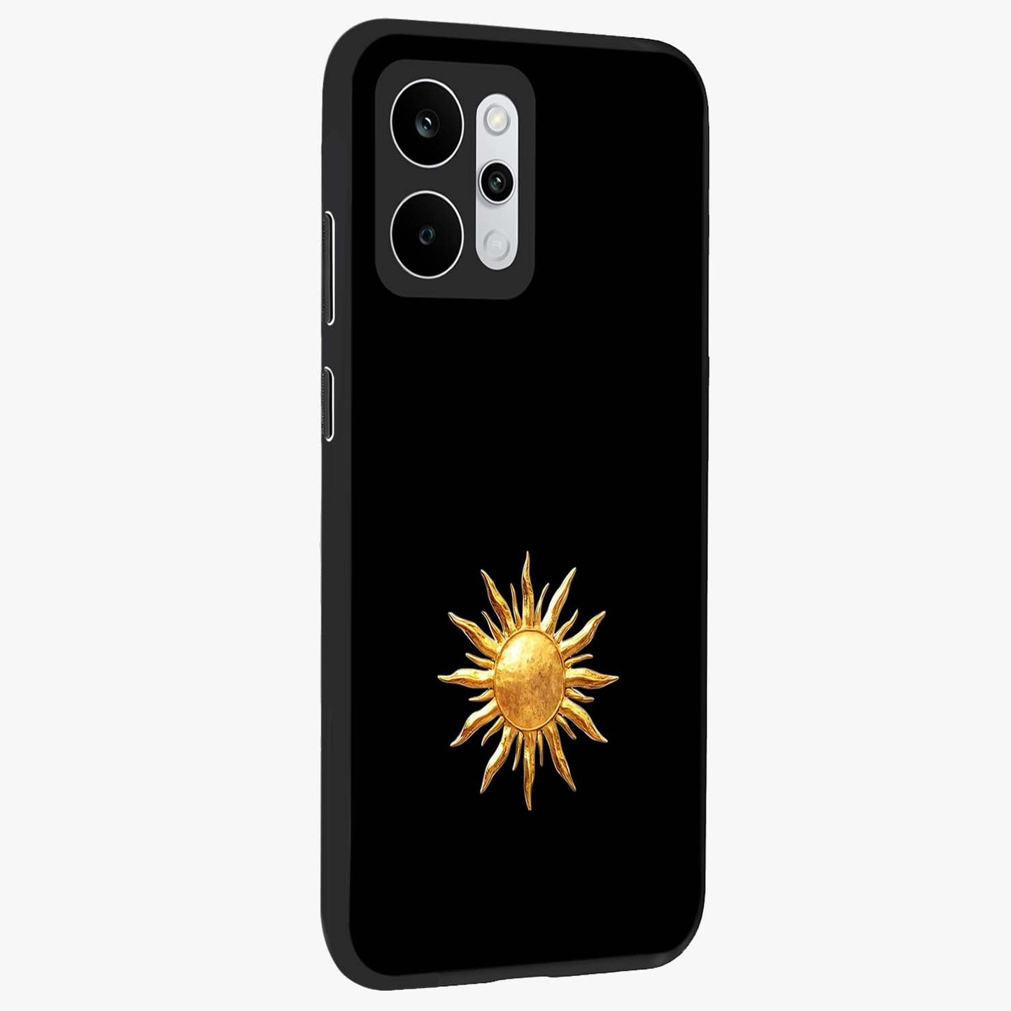 Golden Sun Minimalism Glass Case upright view showcasing haunting graveyard artwork with dramatic dark theme.