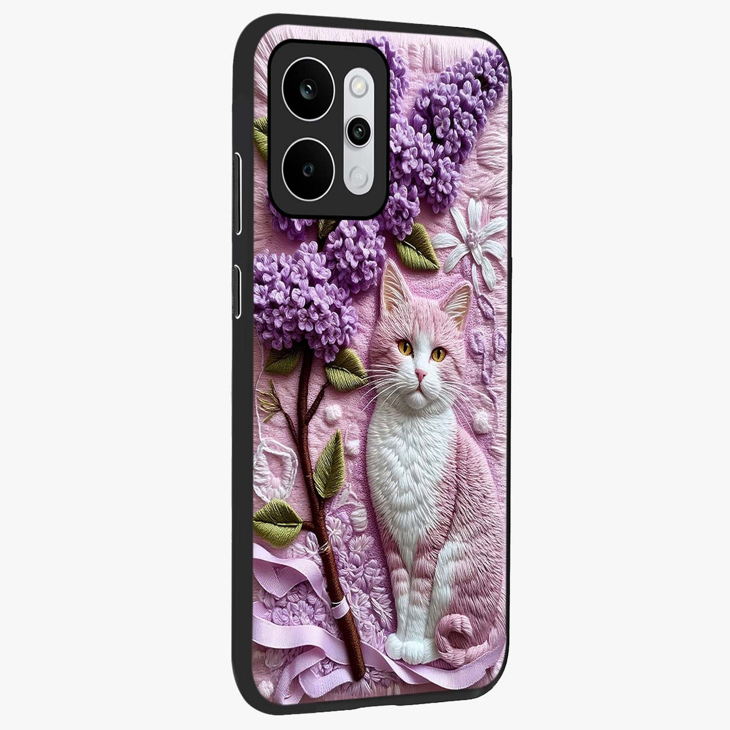 Lavender Cat Whimsy Glass Case upright view showcasing charming cat artwork with whimsical lavender theme.
