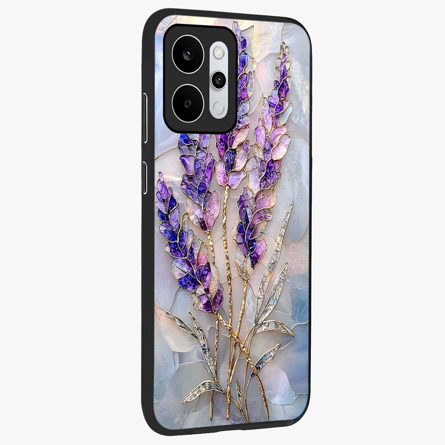 Lavender Dream Glow Glass Case upright view showcasing radiant lavender glow artwork with calming dreamy theme.
