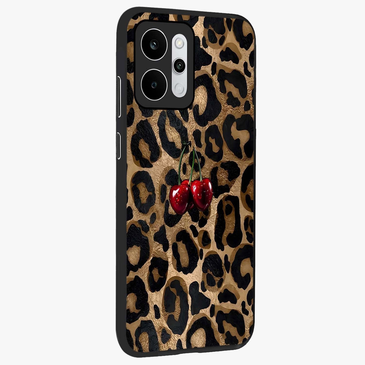 Leopard Wild Cherry Glass Case upright view showcasing stylish leopard pattern artwork with trendy fashion theme.