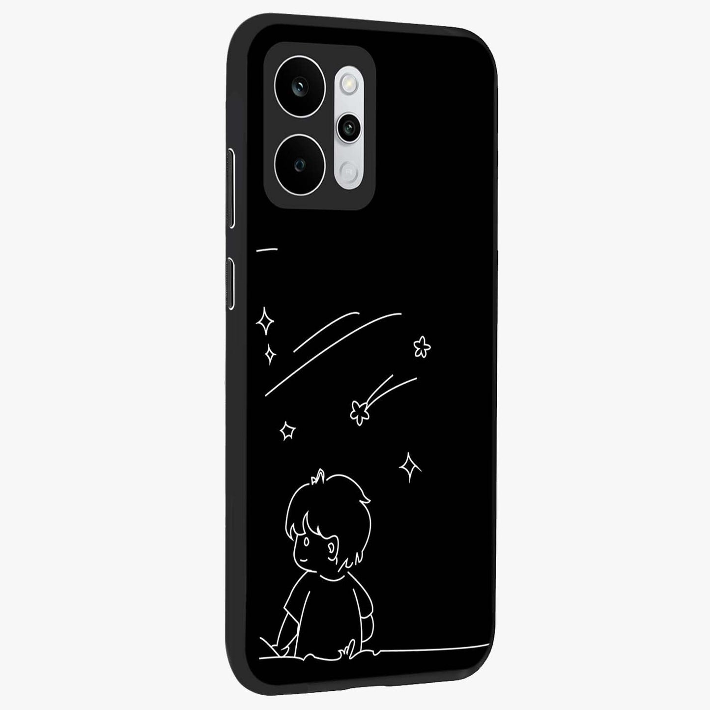 Line Art Boy With Shooting Stars Glass Case upright view showcasing artistic shooting star illustration with minimal style.