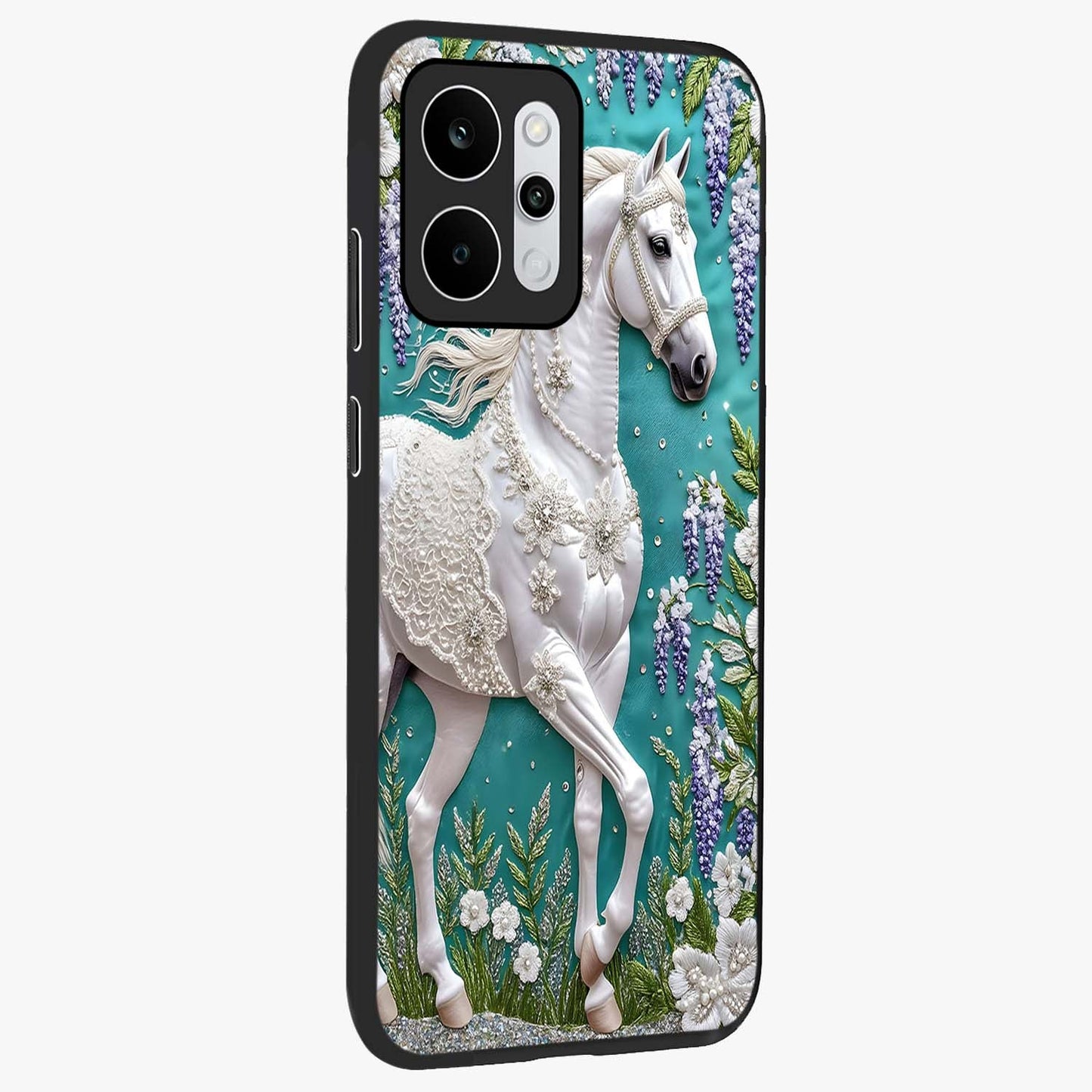 Majestic Floral Stallion Glass Case upright view showcasing dramatic horse artwork with decorative floral theme.