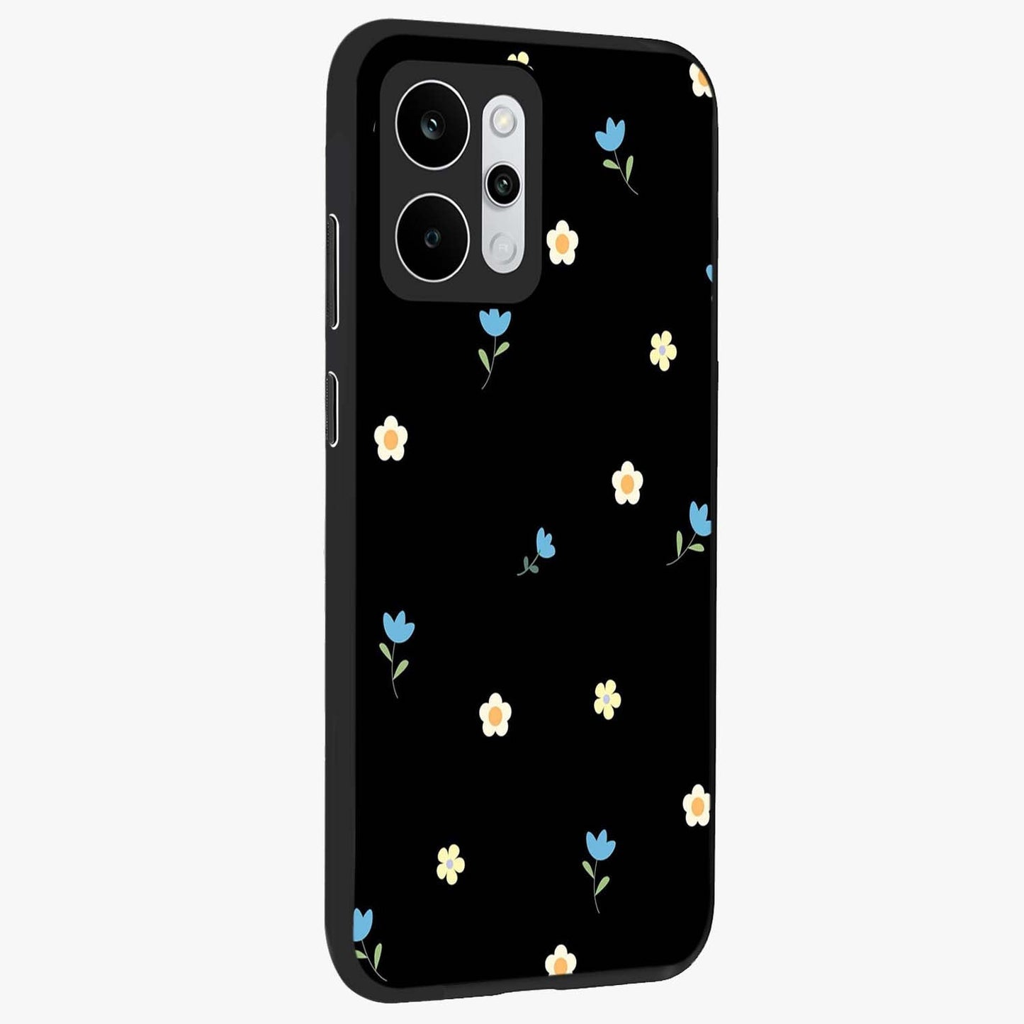 Minimal Petal Whispers Glass Case upright view showcasing elegant floral artwork with modern minimalist style.