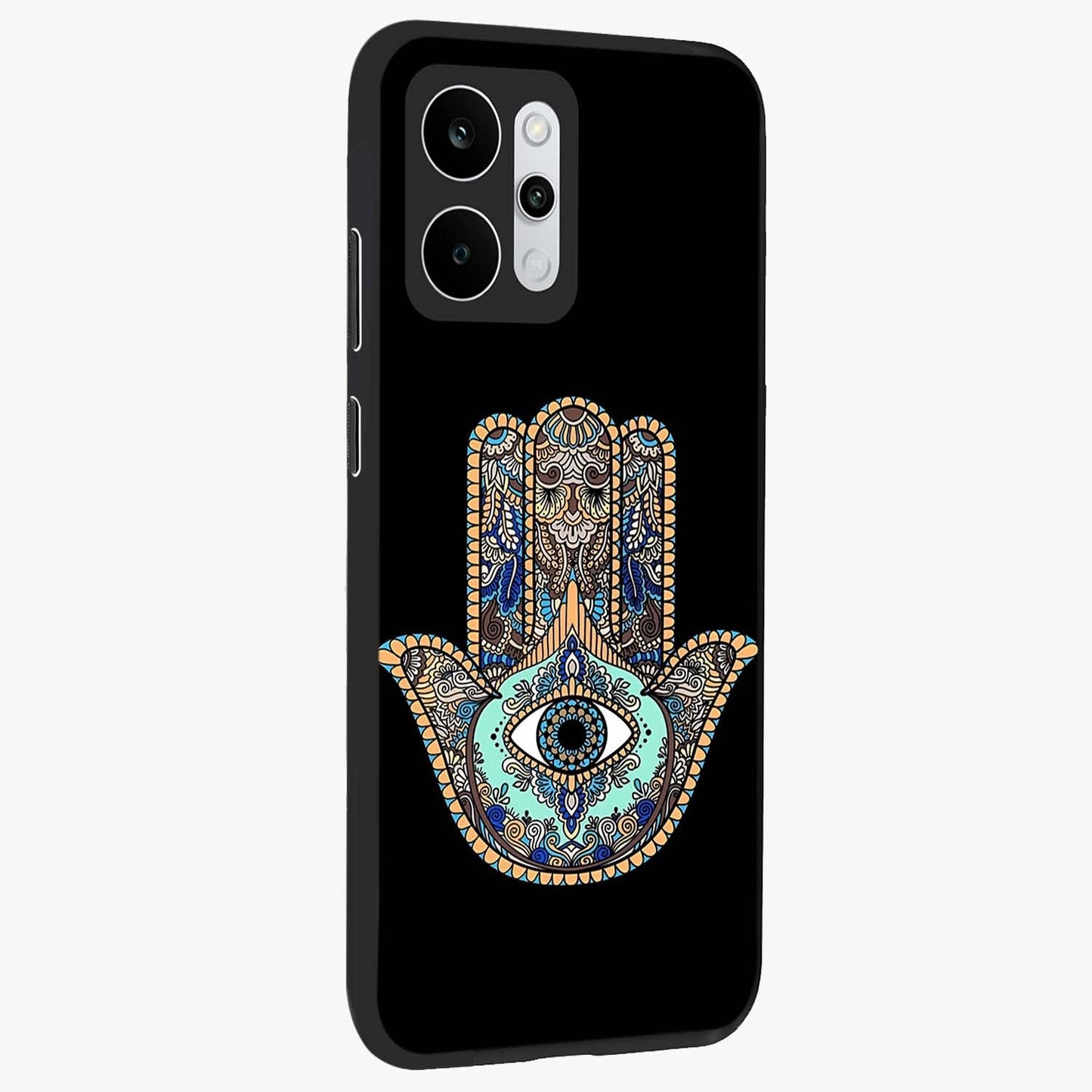 Mystic Hamsa Eye Glass Case upright view showcasing detailed hamsa eye artwork with protective spiritual theme.