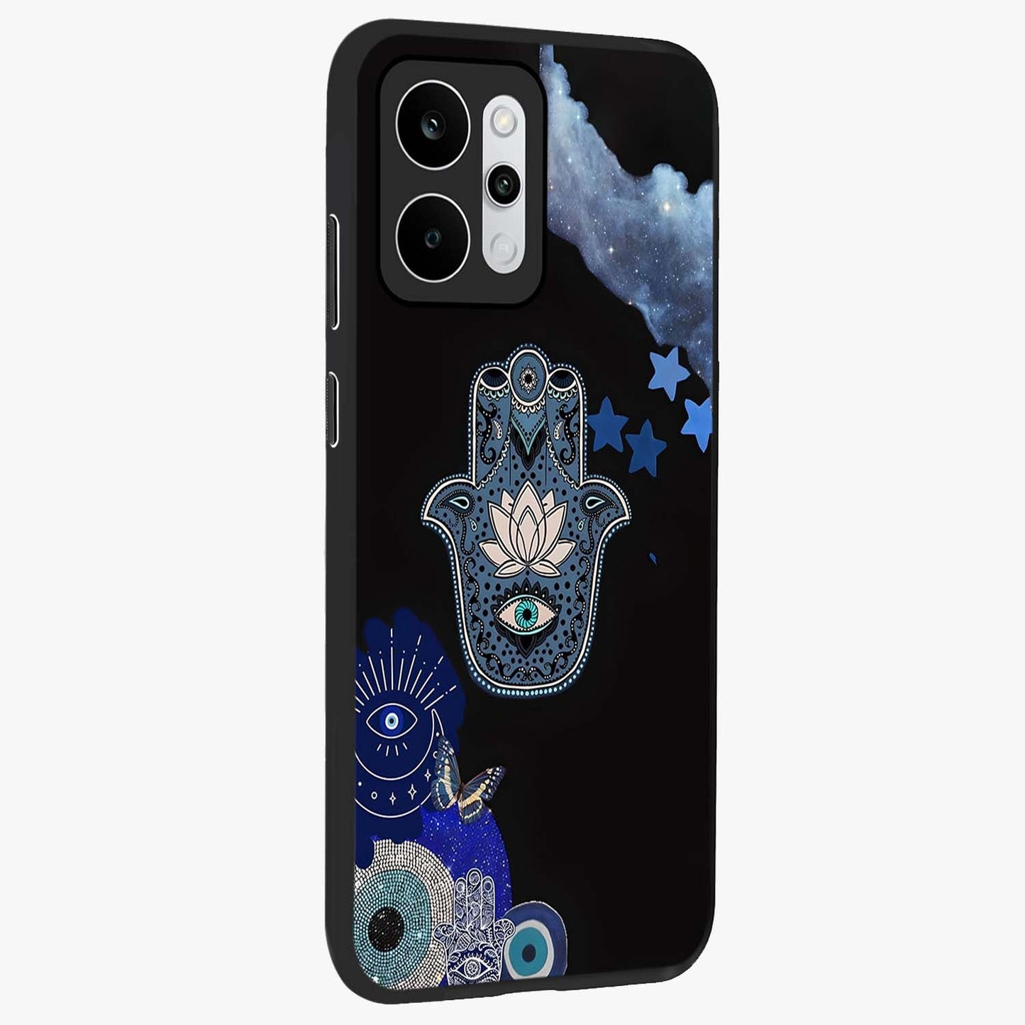 Mystic Hand Aura Glass Case upright view showcasing symbolic hand artwork with mystical energy theme.