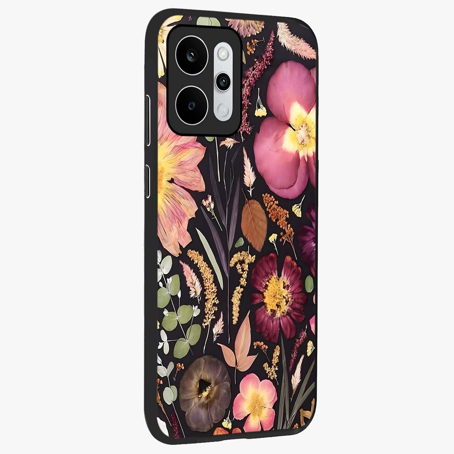 Petal Dream Tapestry Glass Case upright view showcasing detailed floral tapestry artwork with artistic nature theme.