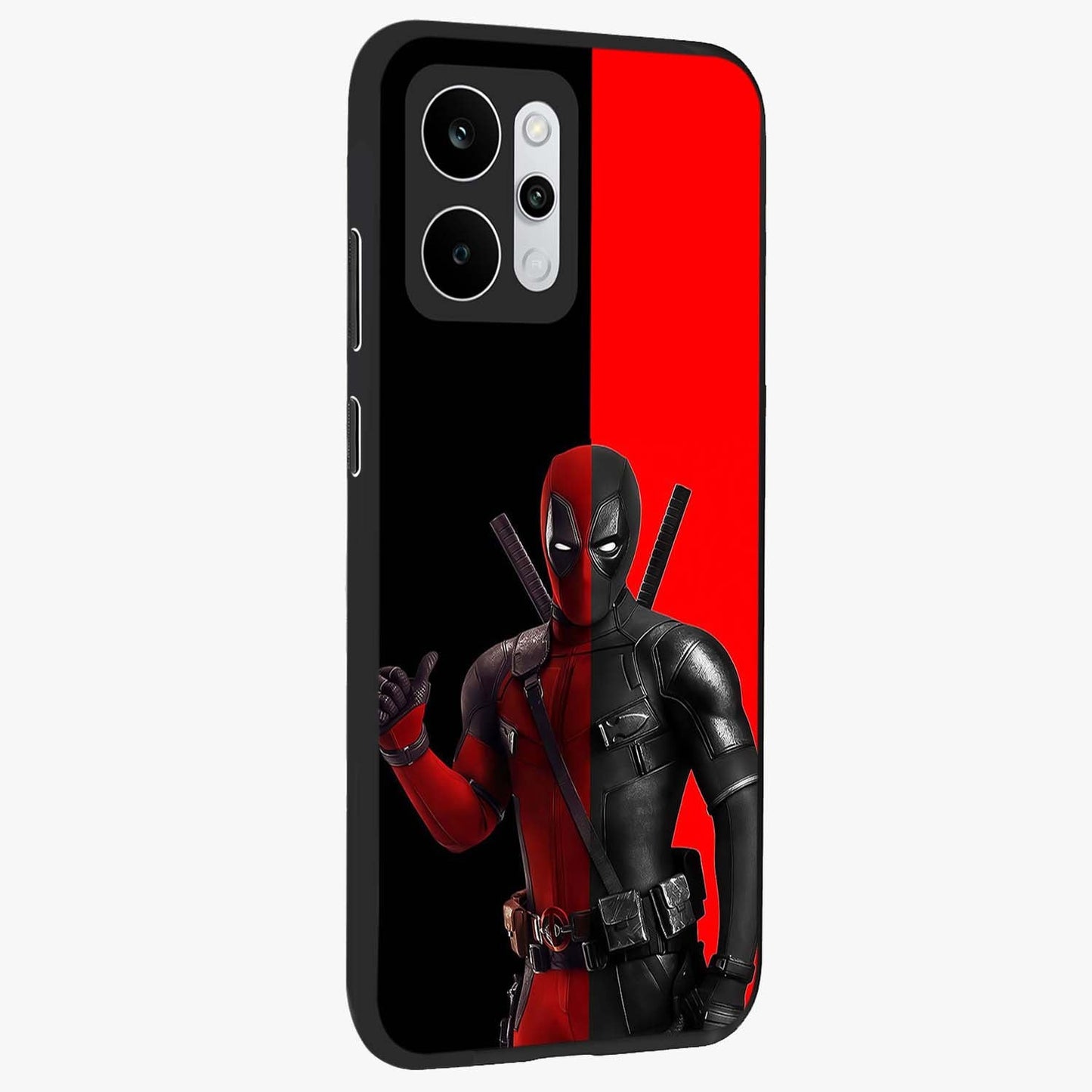 Red & Black Deadpool Theme Glass Case upright view showcasing energetic comic themed artwork with striking red and black design.