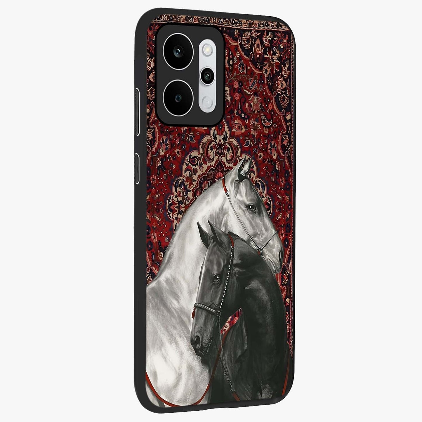 Regal Stallion Tapestry Glass Case upright view showcasing powerful horse artwork with elegant tapestry theme.