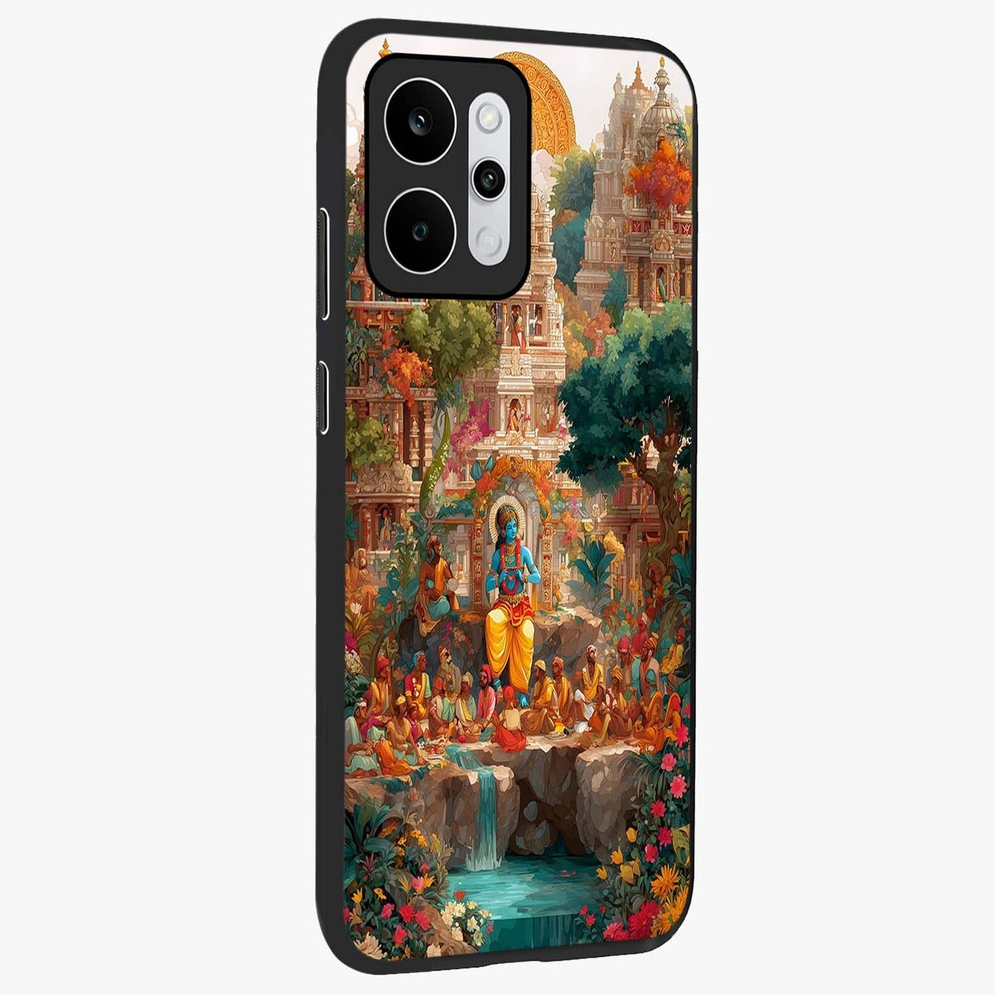 Sacred Sunlight Gods Glass Case upright view showcasing glowing divine artwork with sacred mythological theme.