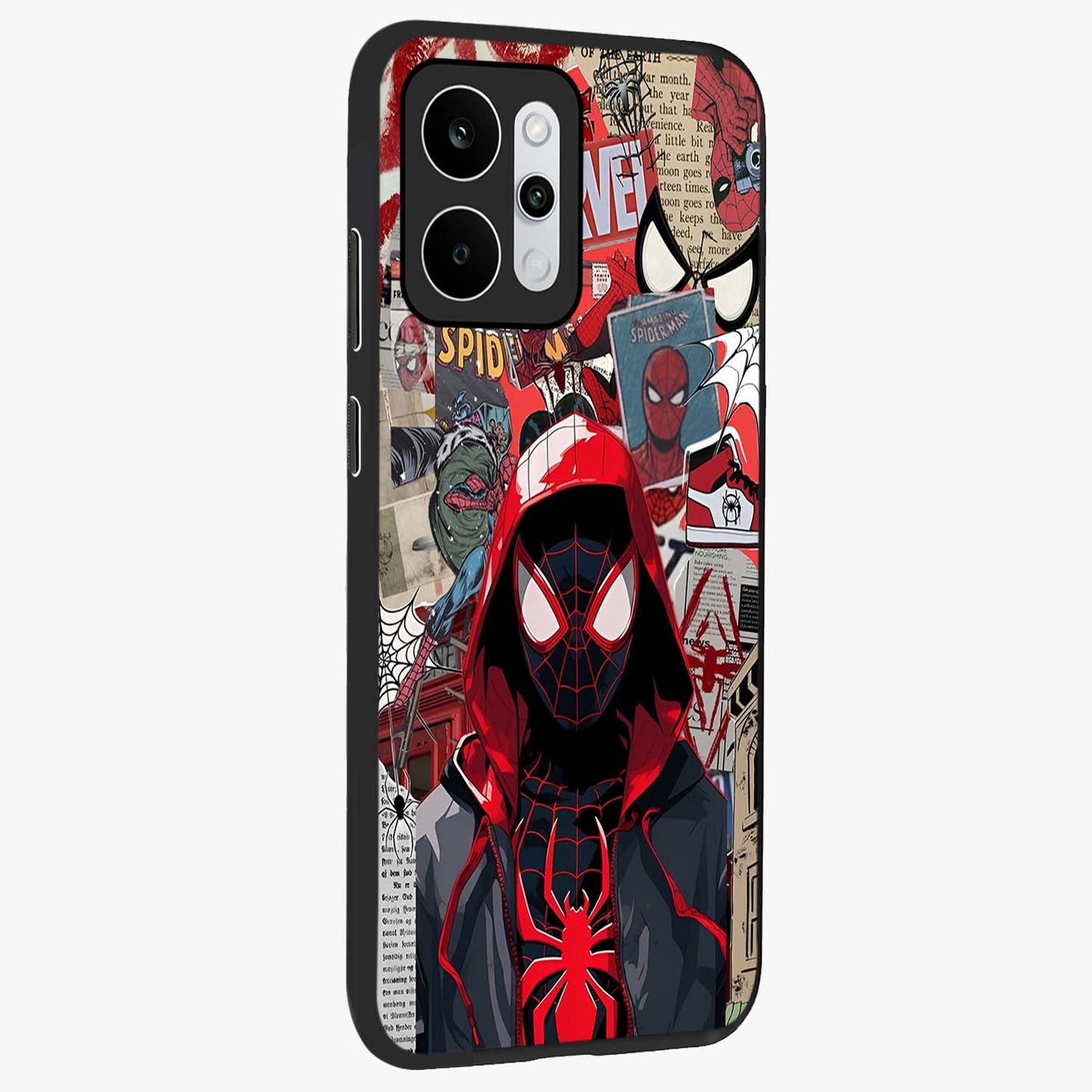 Spider Collage Street Glass Case upright view showcasing bold superhero artwork with urban street theme.