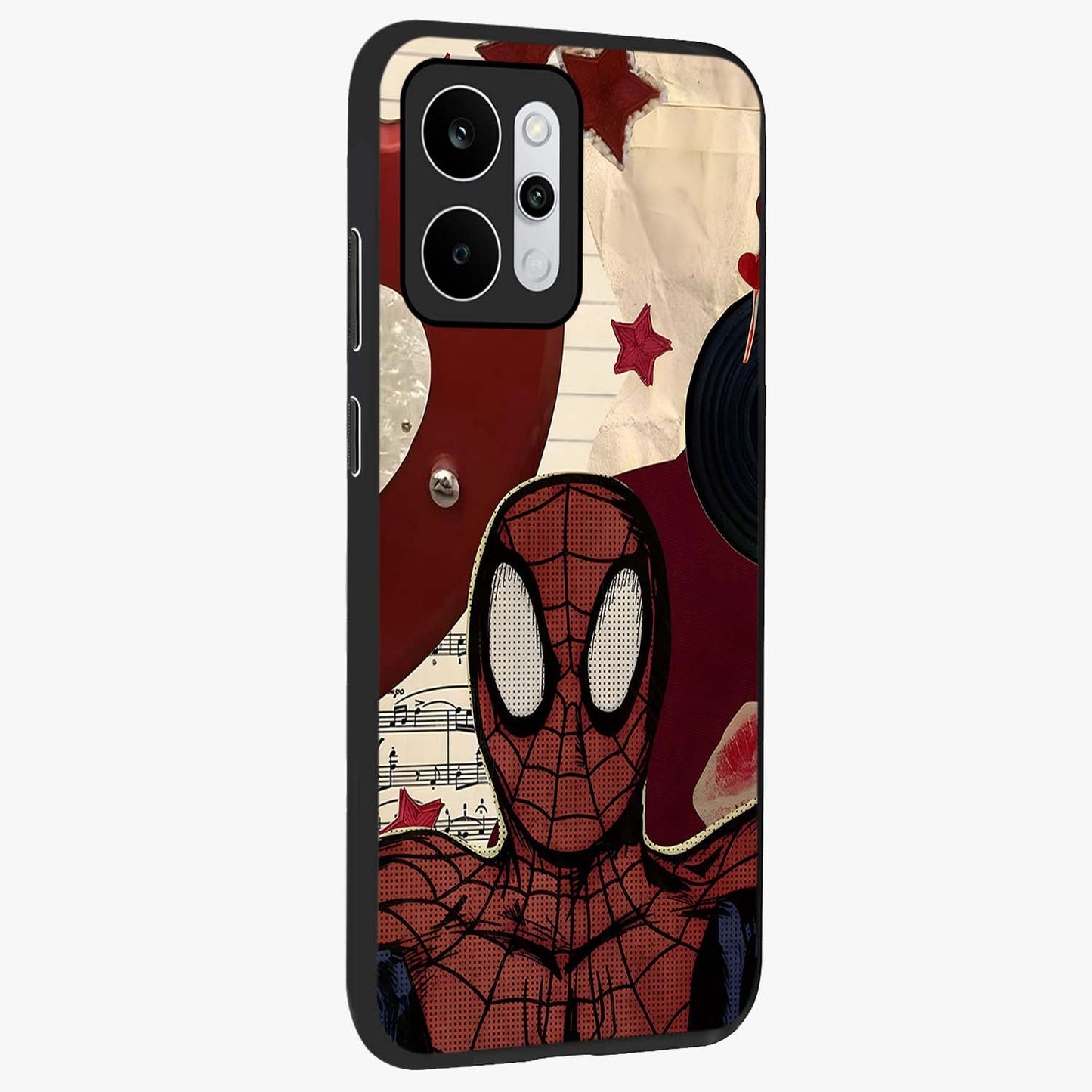 Web Warrior Vibes Glass Case upright view showcasing energetic superhero artwork with bold action theme.