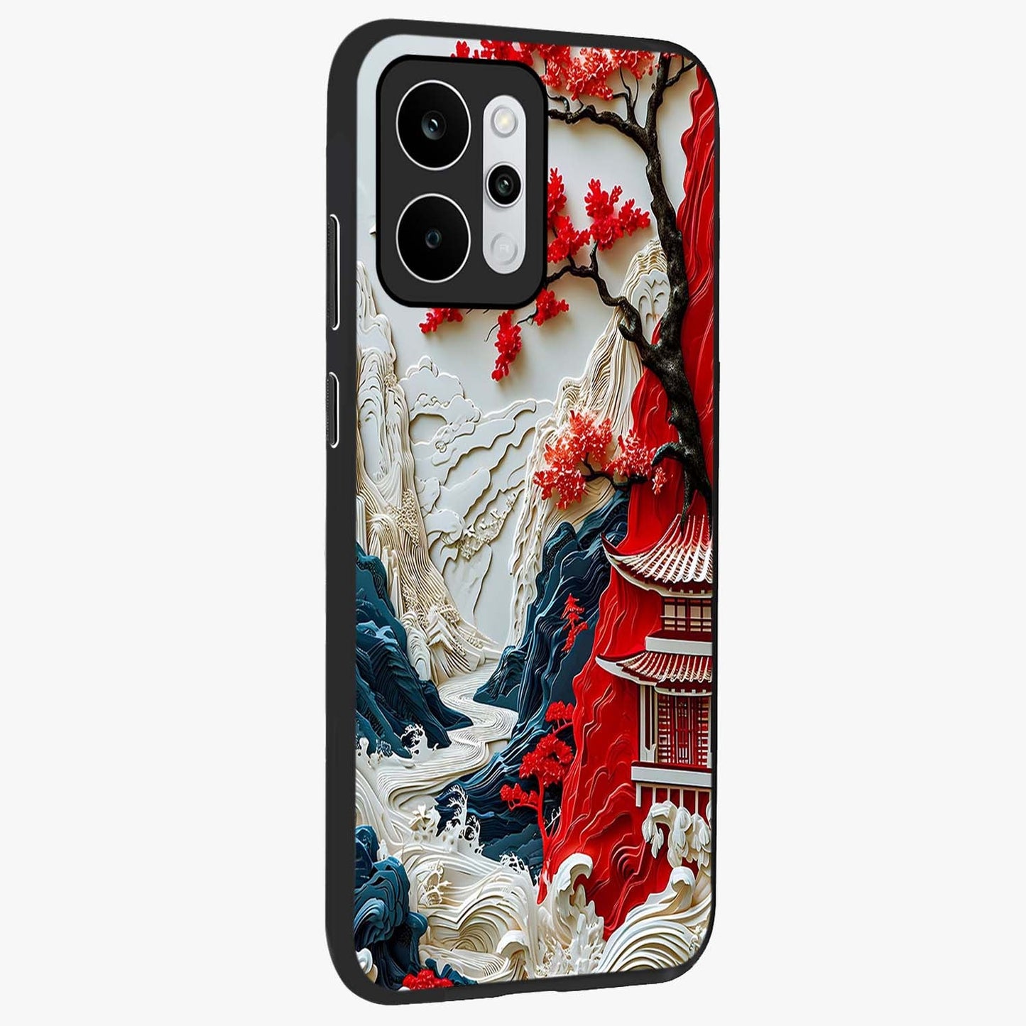 Whispers Of Sakura Waves Glass Case upright view showcasing delicate cherry blossom artwork with elegant nature theme.