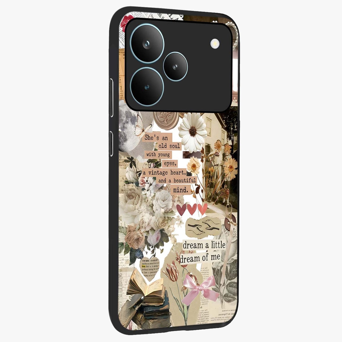 Aesthetic Brown Vintage Collage Glass Case upright view showcasing nostalgic retro artwork with stylish vintage theme.