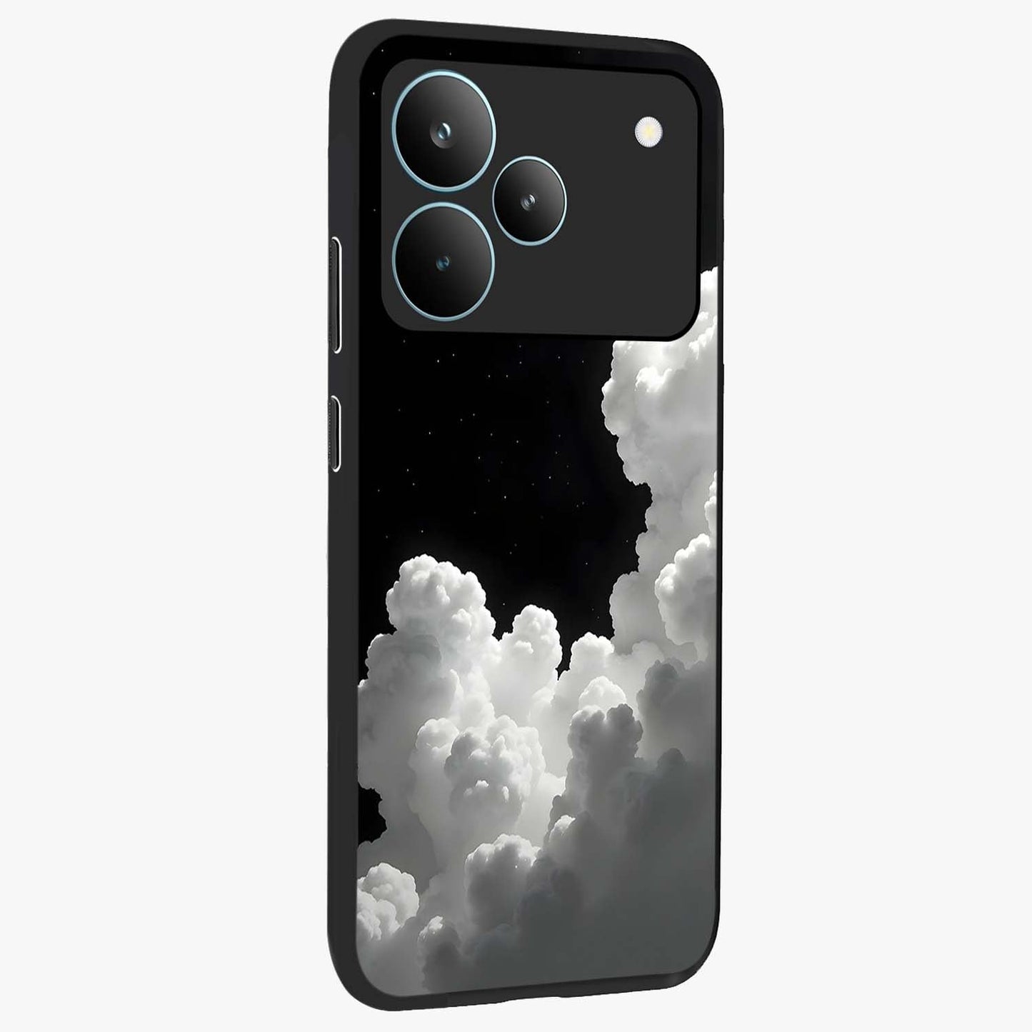 Black Background With White Cloud Glass Case upright view showcasing calm cloud aesthetic with modern minimal style.