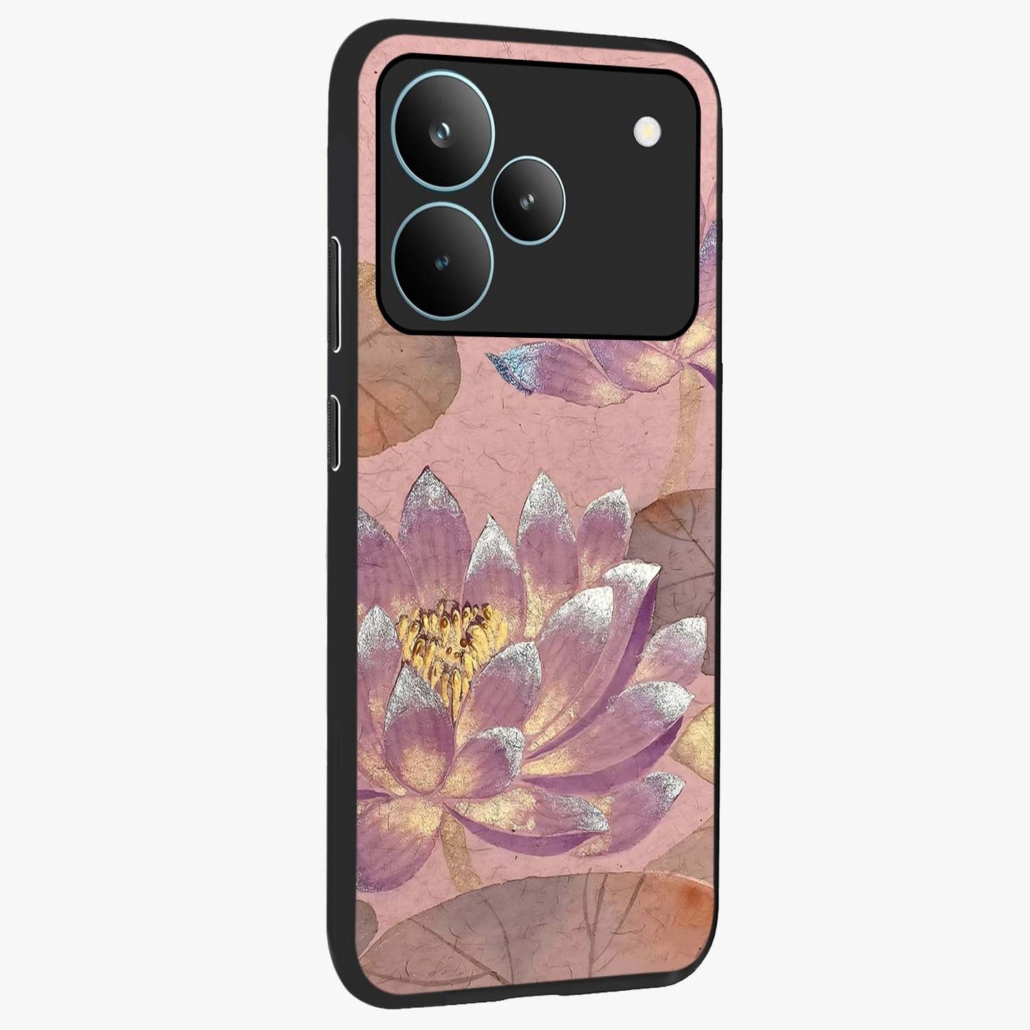 Blossom Mist Lotus Glass Case upright view showcasing graceful lotus flower design with peaceful botanical style.