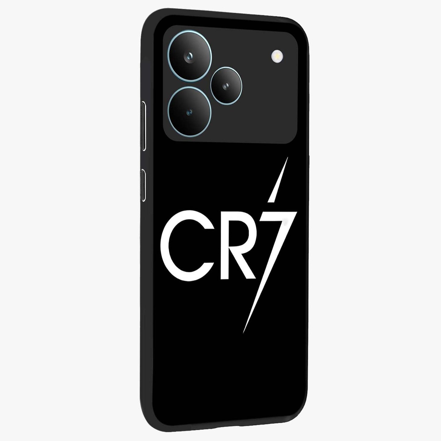 Cr7 Elite Strike Glass Case upright view showcasing energetic football inspired design with modern sports aesthetic.