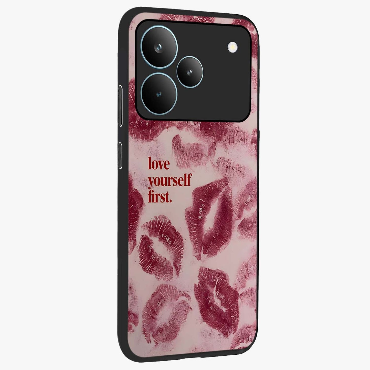 Crimson Kiss Love Glass Case upright view showcasing expressive romantic artwork with deep crimson theme.