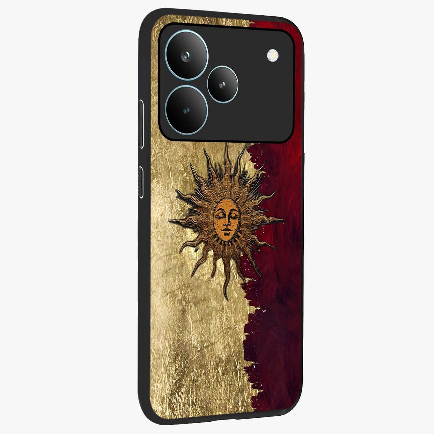 Crimson Sun Majesty Glass Case upright view showcasing vibrant sun artwork with powerful celestial theme.