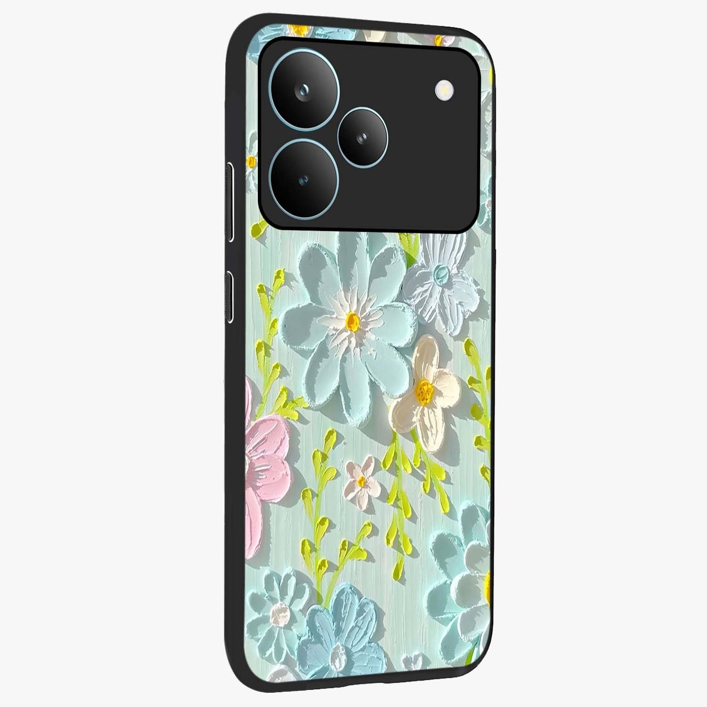 Frosted Petal Garden Glass Case upright view showcasing elegant floral garden artwork with soothing pastel theme.