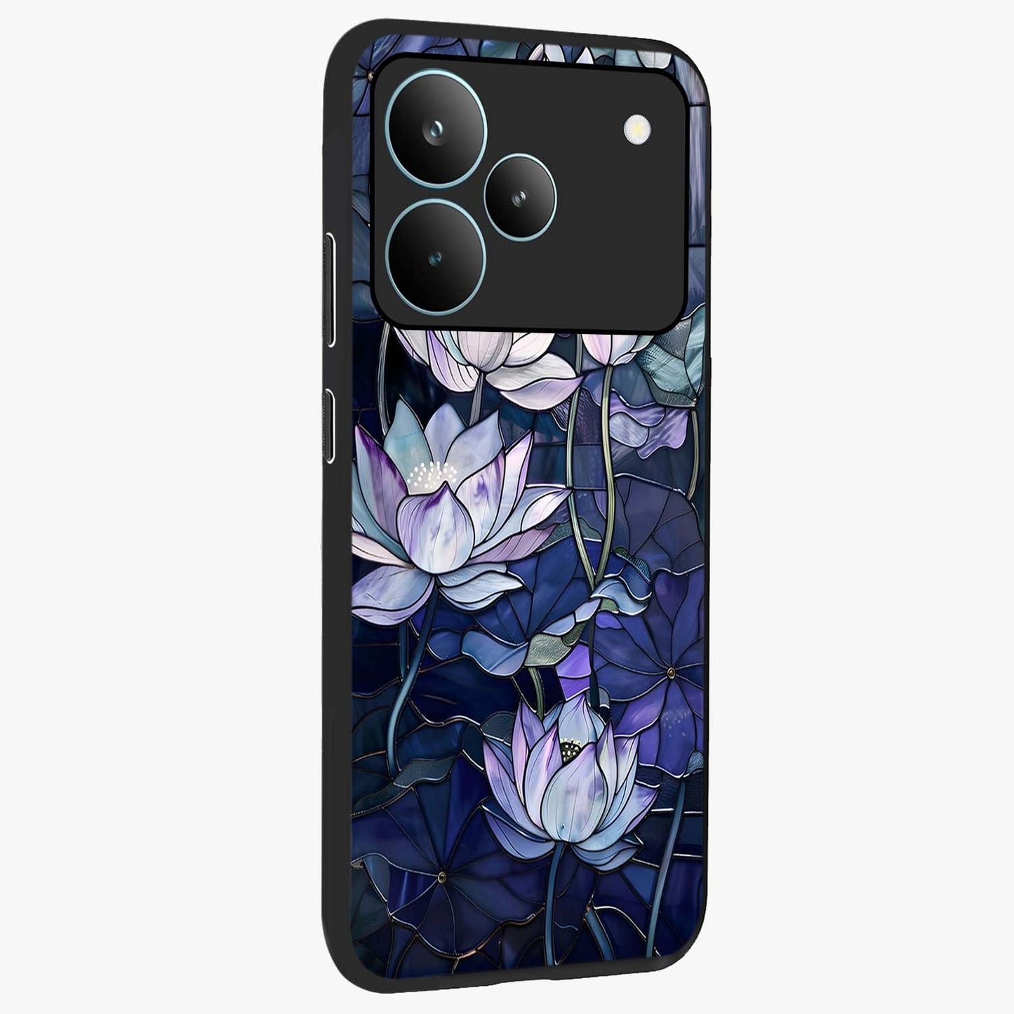Gloss Petal Rush Glass Case upright view showcasing dynamic floral petal artwork with modern botanical theme.