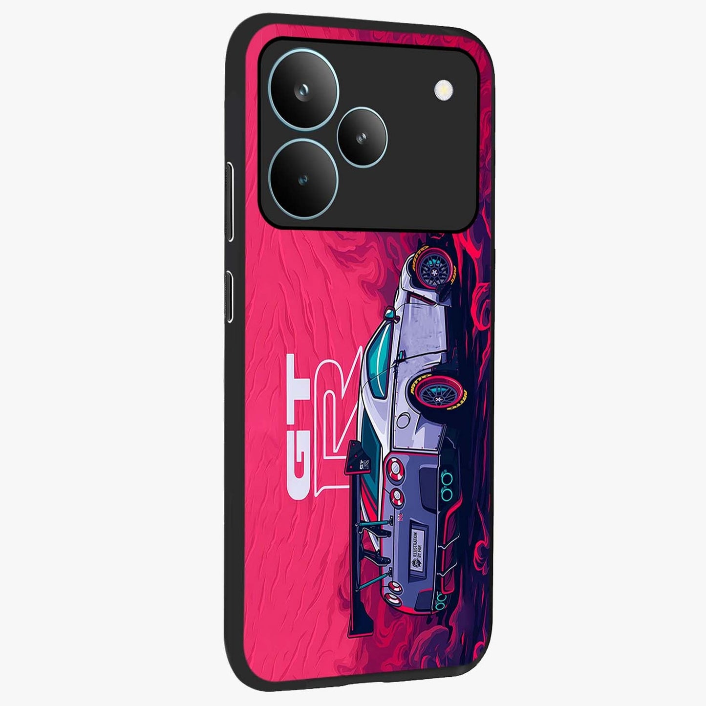 GT-R Car Pattern Glass Case upright view showcasing dynamic car pattern artwork with modern sports theme.