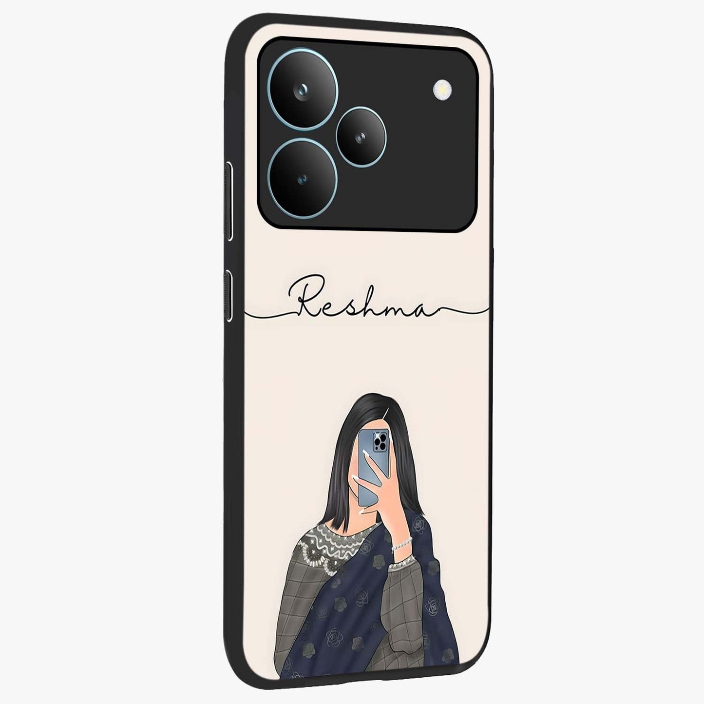 Mirror Mood Muse With Custom Name Glass Case upright view showcasing artistic mirror themed artwork with personalized aesthetic.