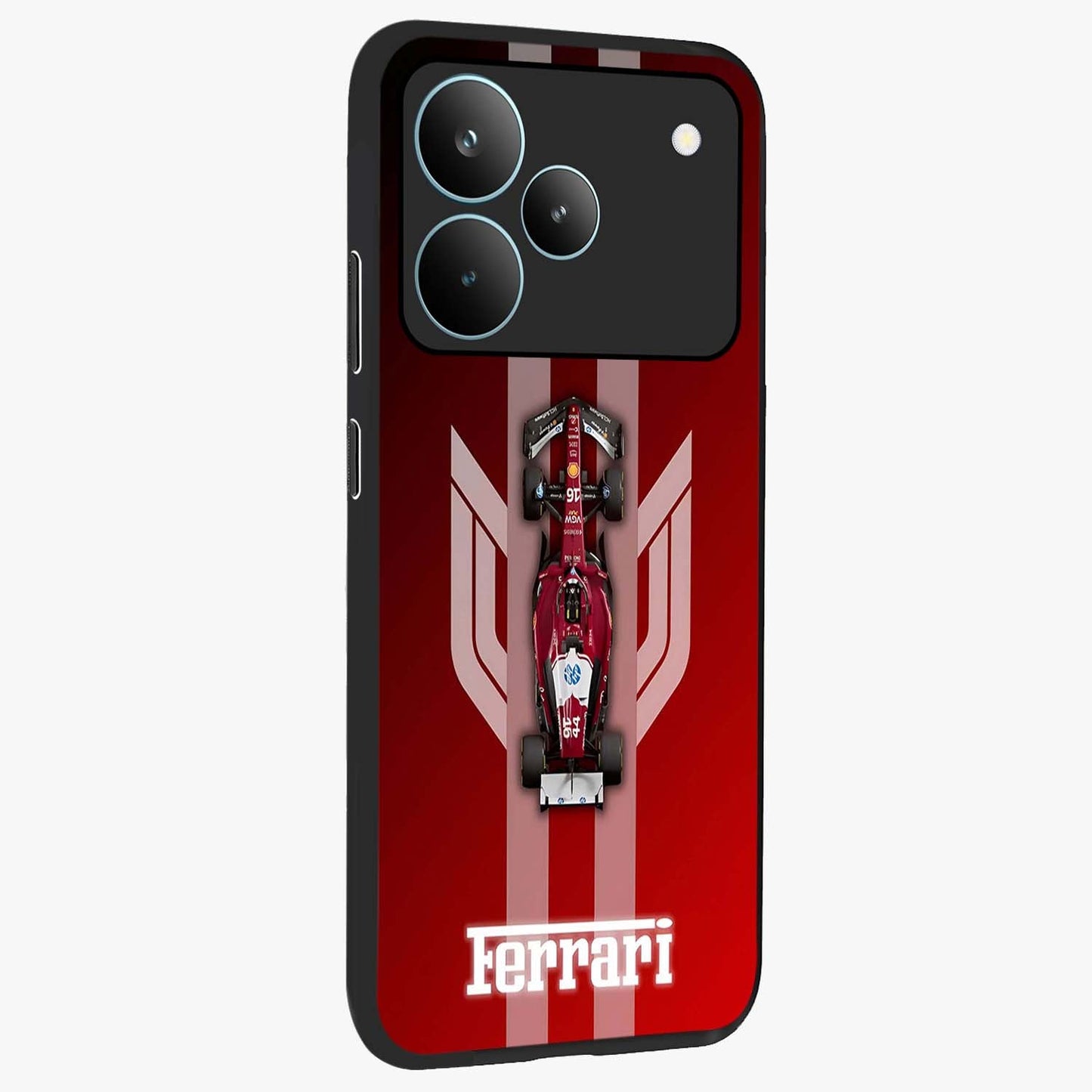 Red Ferrari F1 Vertical Glass Case upright view showcasing powerful Formula car artwork with dynamic motorsport theme.