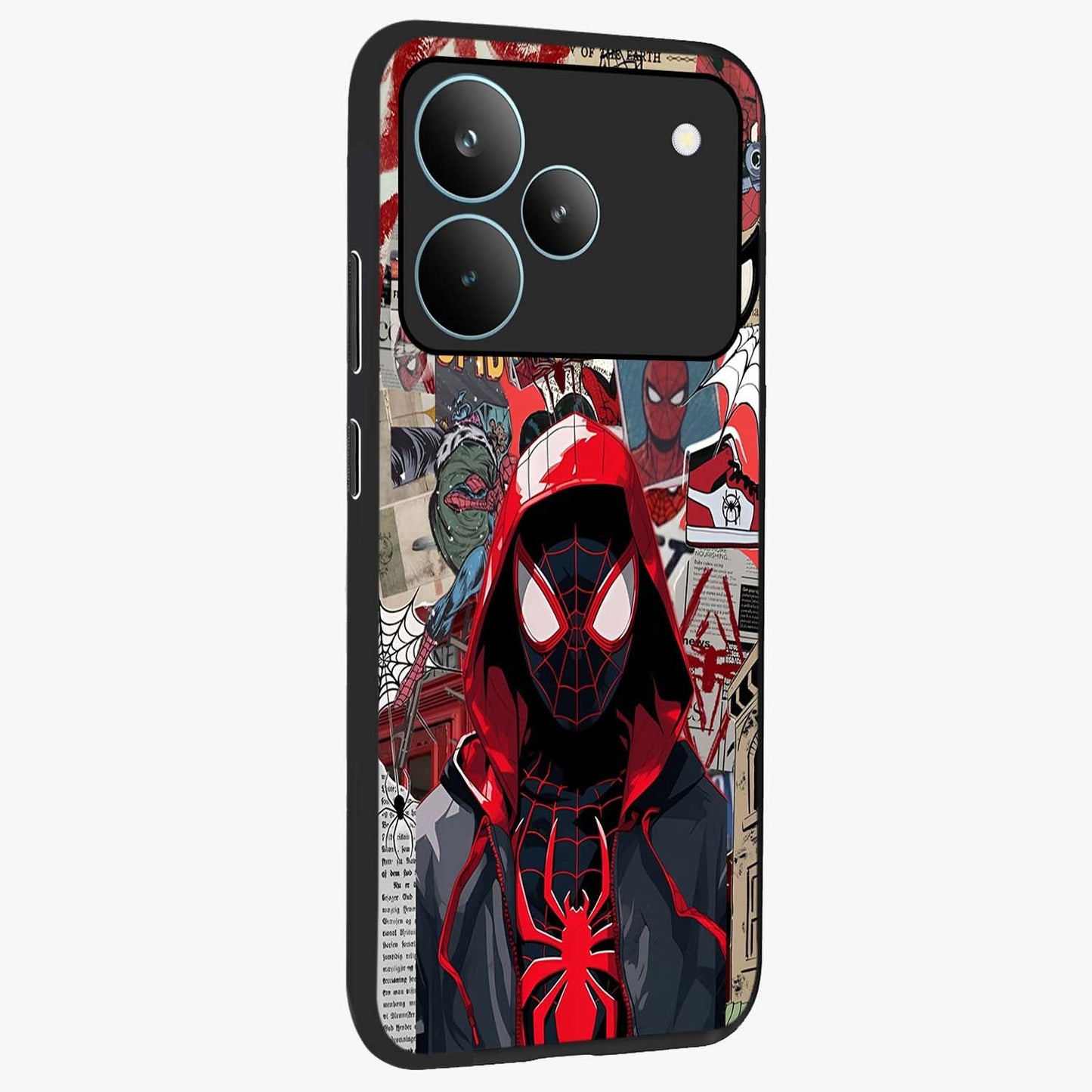 Spider Collage Street Glass Case upright view showcasing bold superhero artwork with urban street theme.