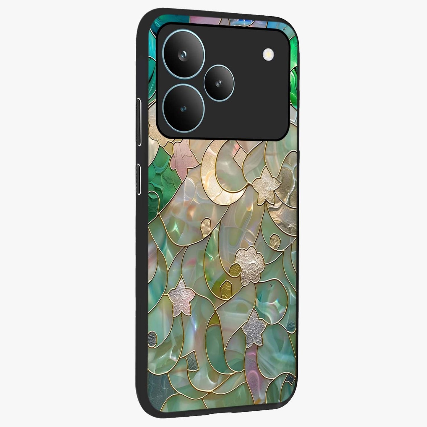 Stained Sunrise Glow Glass Case upright view showcasing colorful sunrise artwork with warm morning theme.