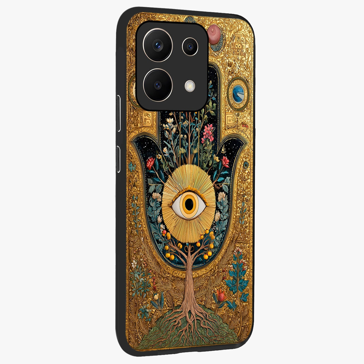 Ethereal Evil Eye Glass Case upright view showcasing celestial evil eye artwork with mystical theme.