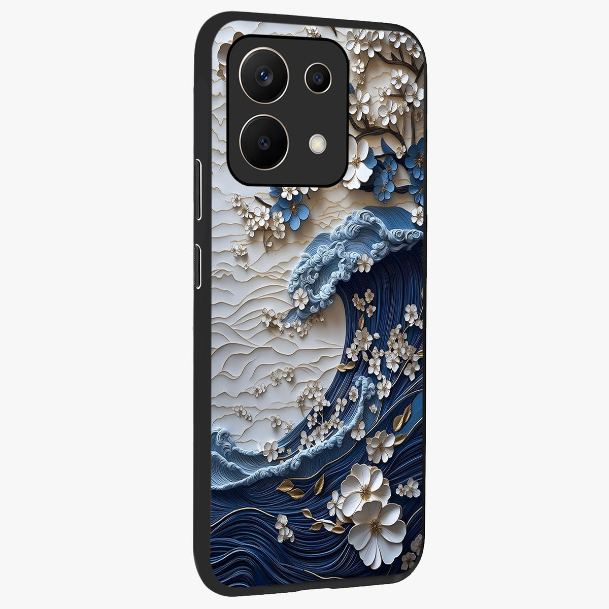 Floral Wave Origami Glass Case upright view showcasing creative floral origami artwork with artistic decorative theme.